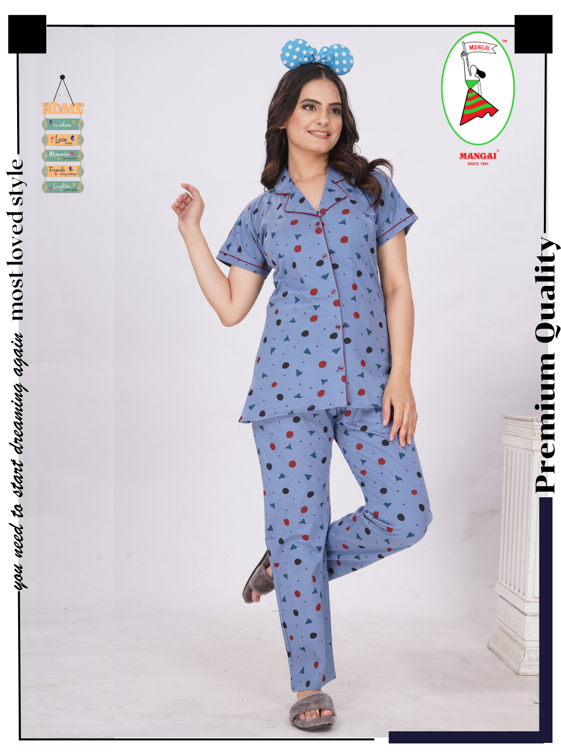 MANGAI Stylish HOSIERY Collar Night Suits | Stylish Print's All Over | Top & Bottom Set | Half Sleeve | Trendy Night Suits for Stylish Women's (RCS)