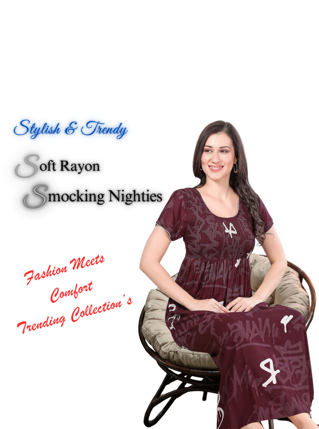 MANGAI Premium RAYON Smocking Nighty | Beautiful Pleated Design | Side Pocket | Stylish Nighty for Trendy Women's | Your Perfect Nightwear Collection's (RYS)