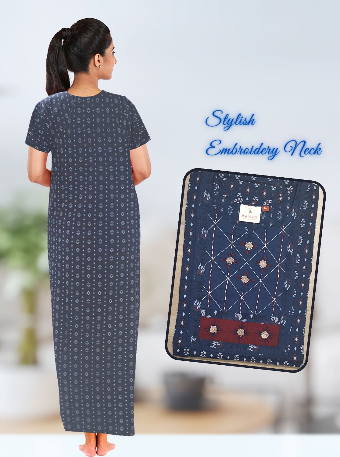 MANGAI New Collection Premium Cotton Embroidery Printed Nighties- All Over Printed Stylish Nightwear for Stylish Women | Trendy Embroidery Neck | Pleated Model (HMS)