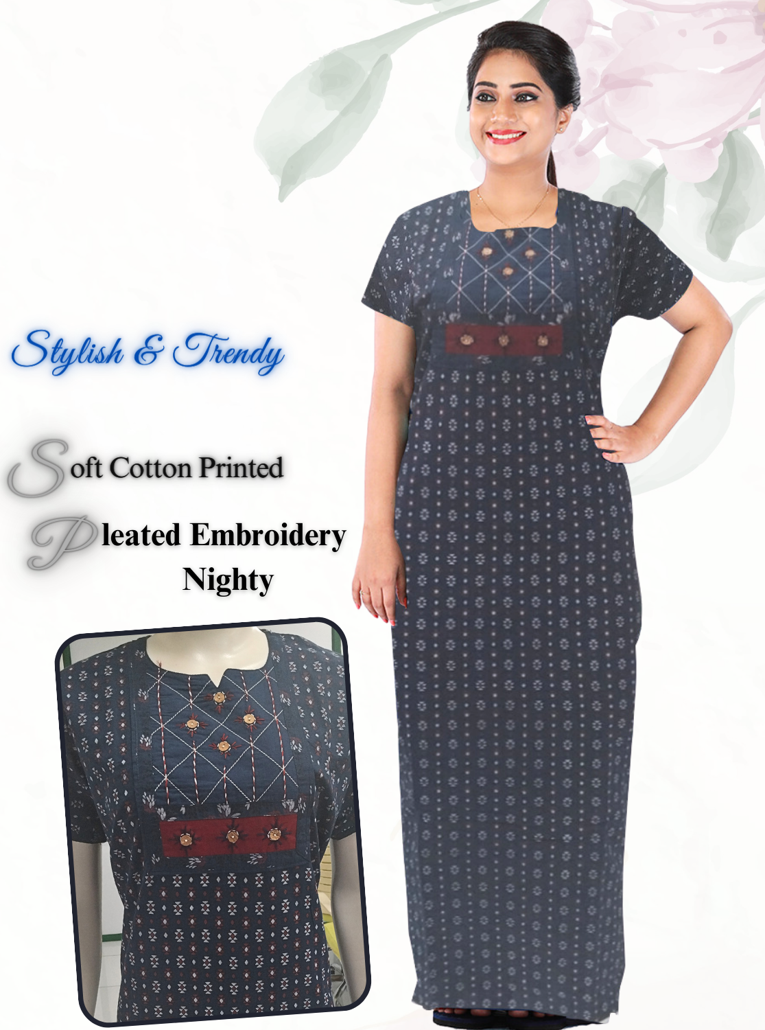 MANGAI New Collection Premium Cotton Embroidery Printed Nighties- All Over Printed Stylish Nightwear for Stylish Women | Trendy Embroidery Neck | Pleated Model (HMS)