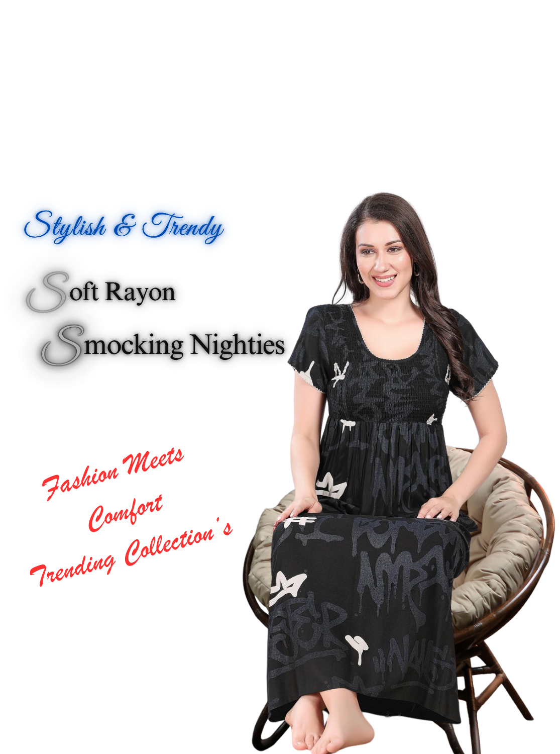 MANGAI Premium RAYON Smocking Nighty | Beautiful Pleated Design | Side Pocket | Stylish Nighty for Trendy Women's | Your Perfect Nightwear Collection's (RYS)