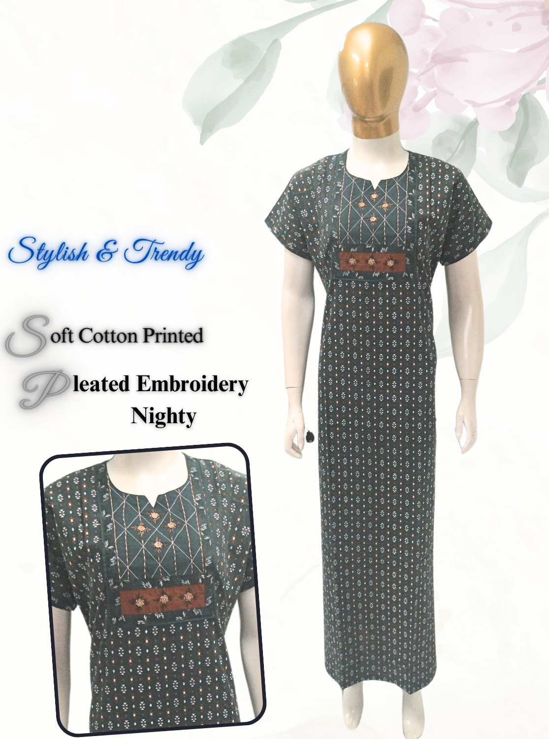 MANGAI New Collection Premium Cotton Embroidery Printed Nighties- All Over Printed Stylish Nightwear for Stylish Women | Trendy Embroidery Neck | Pleated Model (HMS)