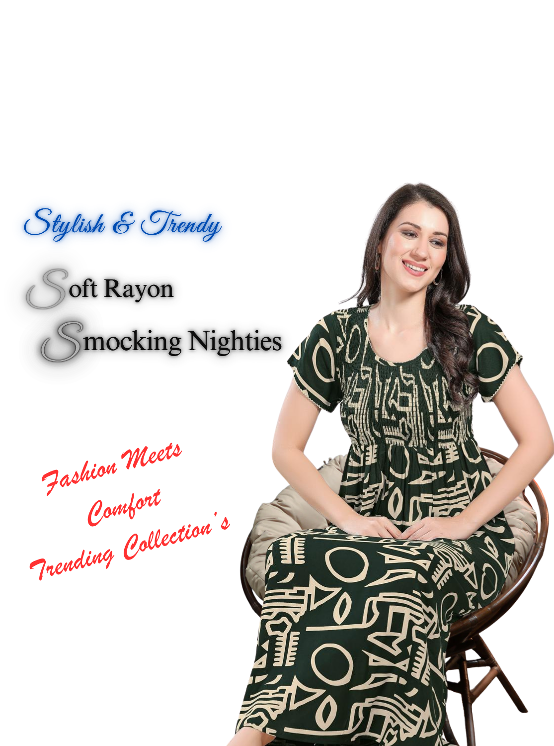 MANGAI Premium RAYON Smocking Nighty | Beautiful Pleated Design | Side Pocket | Stylish Nighty for Trendy Women's | Your Perfect Nightwear Collection's (RYS)