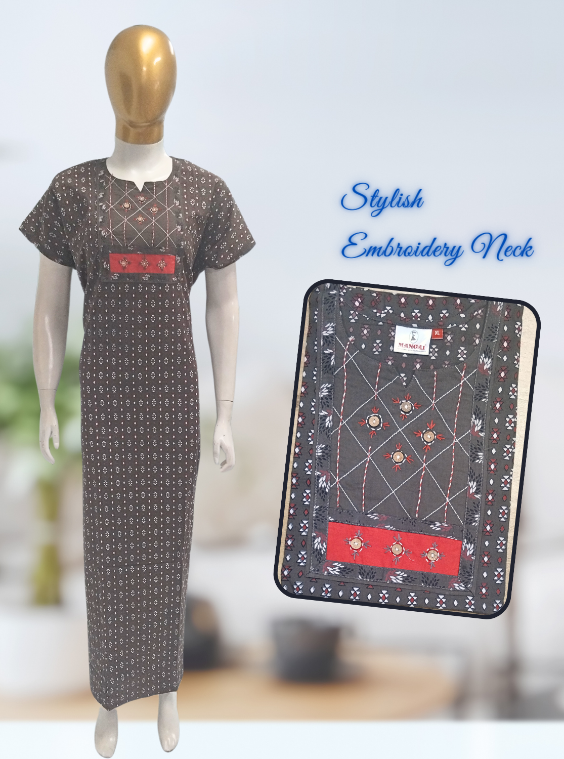 MANGAI New Collection Premium Cotton Embroidery Printed Nighties- All Over Printed Stylish Nightwear for Stylish Women | Trendy Embroidery Neck | Pleated Model (HMS)