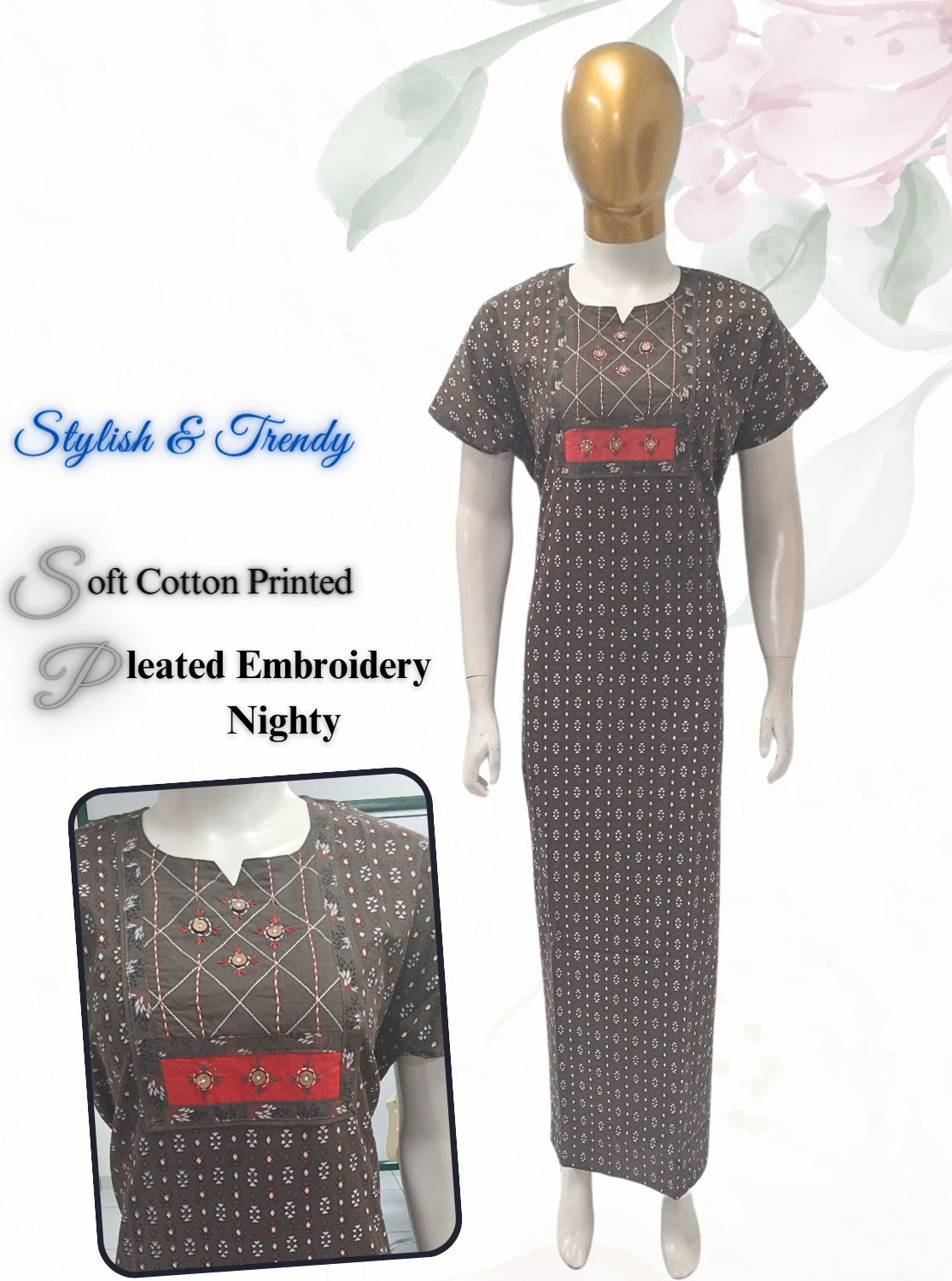 MANGAI New Collection Premium Cotton Embroidery Printed Nighties- All Over Printed Stylish Nightwear for Stylish Women | Trendy Embroidery Neck | Pleated Model (HMS)