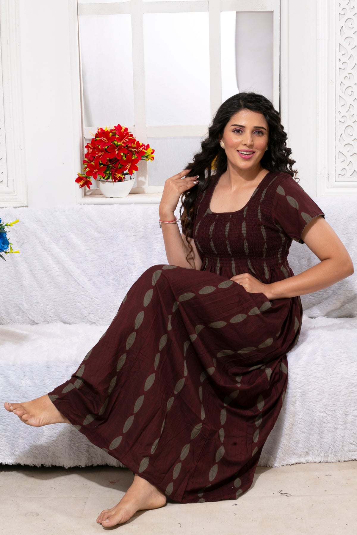 ONLY MINE Premium Smokey Nighty | Stretchable Elastic Type | Beautiful Pleated Model | Side Pocket | Stylish Nighty for Stylish Women's (OM-RAH)