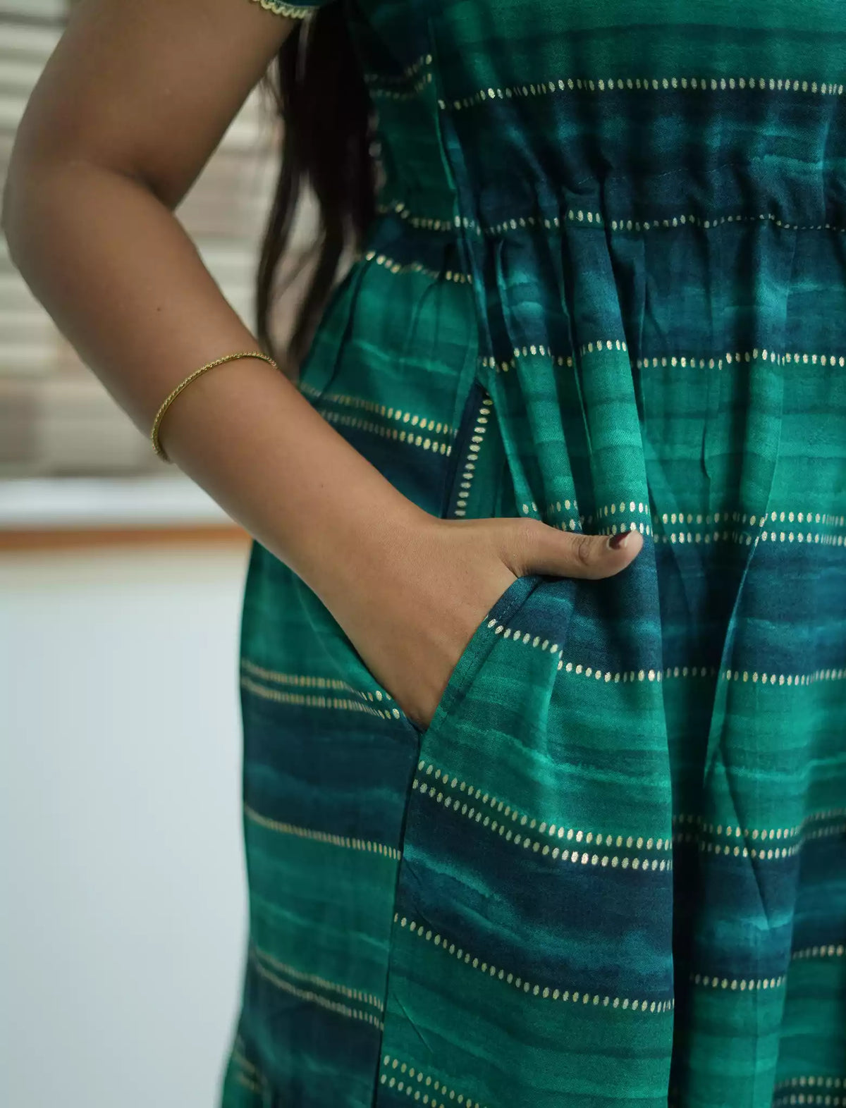 Rayon Stripe Print Gathering Maxi with Front Tie - Mangai Nighties