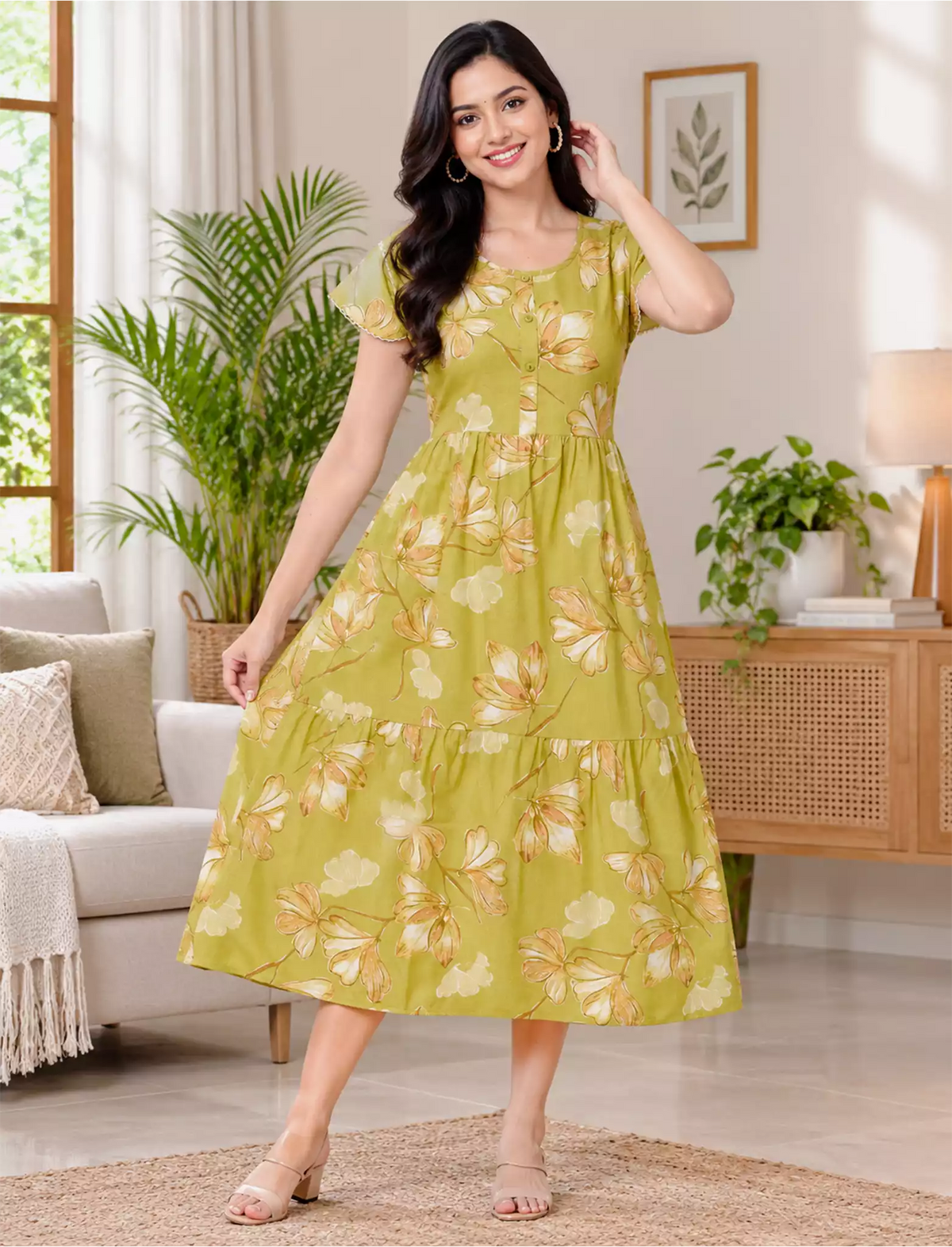 Alpine Petal Sleeve Floral Printed Maxi Dress Side Pocket - Mangai Nighties