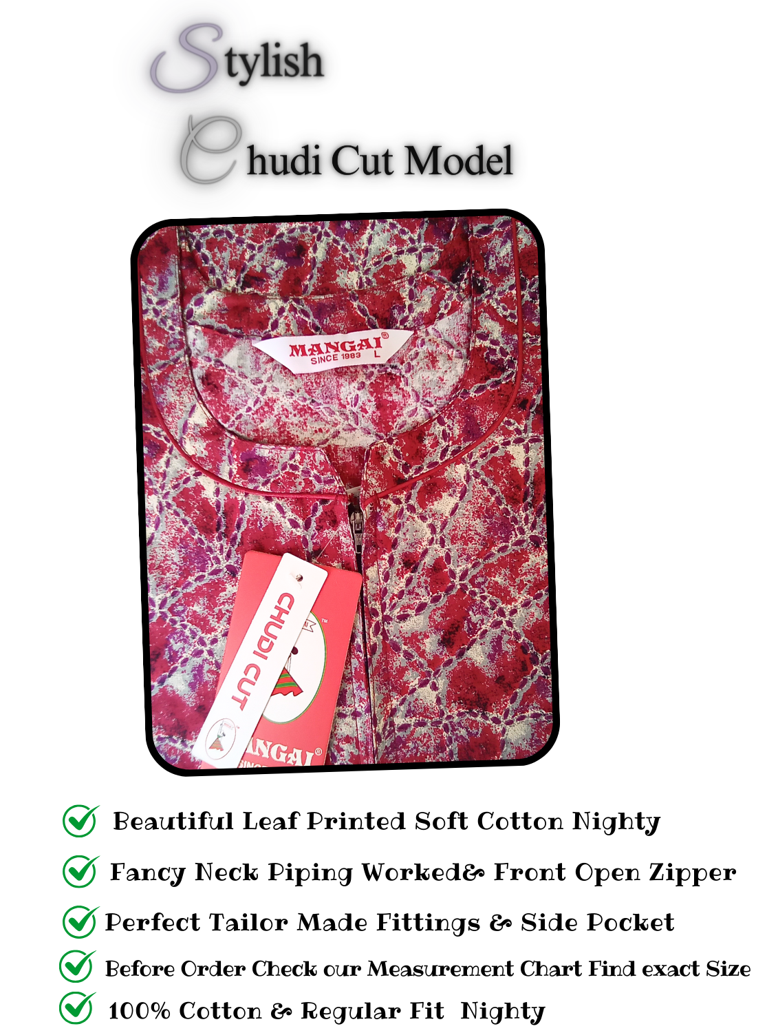 MANGAI Premium Cotton CHUDI CUT Model Nighties - Fancy Neck | With Side Pocket |Shrinkage Free Nighties | Stylish Collection's for Trendy Women's