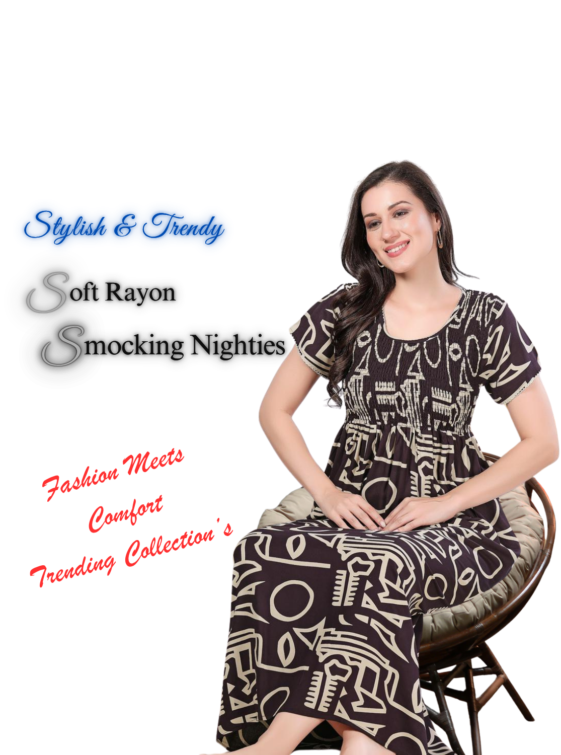 MANGAI Premium RAYON Smocking Nighty | Beautiful Pleated Design | Side Pocket | Stylish Nighty for Trendy Women's | Your Perfect Nightwear Collection's (RYS)