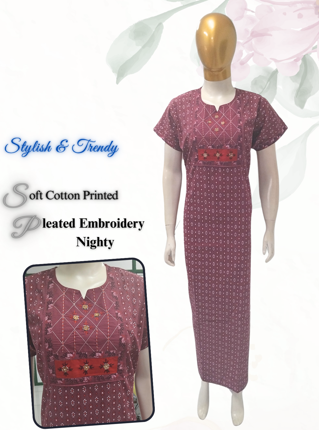 MANGAI New Collection Premium Cotton Embroidery Printed Nighties- All Over Printed Stylish Nightwear for Stylish Women | Trendy Embroidery Neck | Pleated Model (HMS)