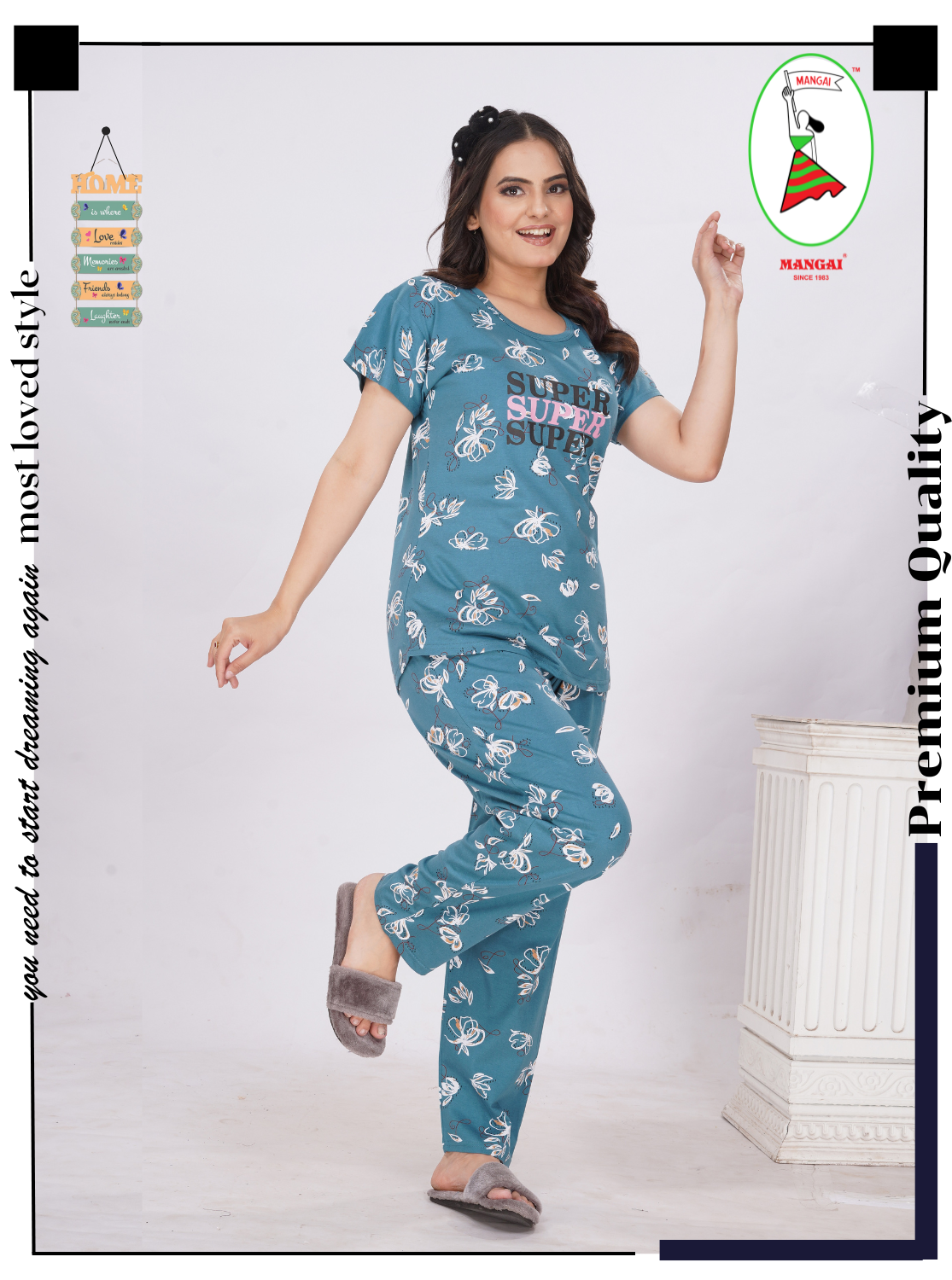 MANGAI Stylish HOSIERY Round Neck Night Suits | Stylish Print's All Over | Top & Bottom Set | Half Sleeve | Trendy Night Suits for Stylish Women's (RNP)