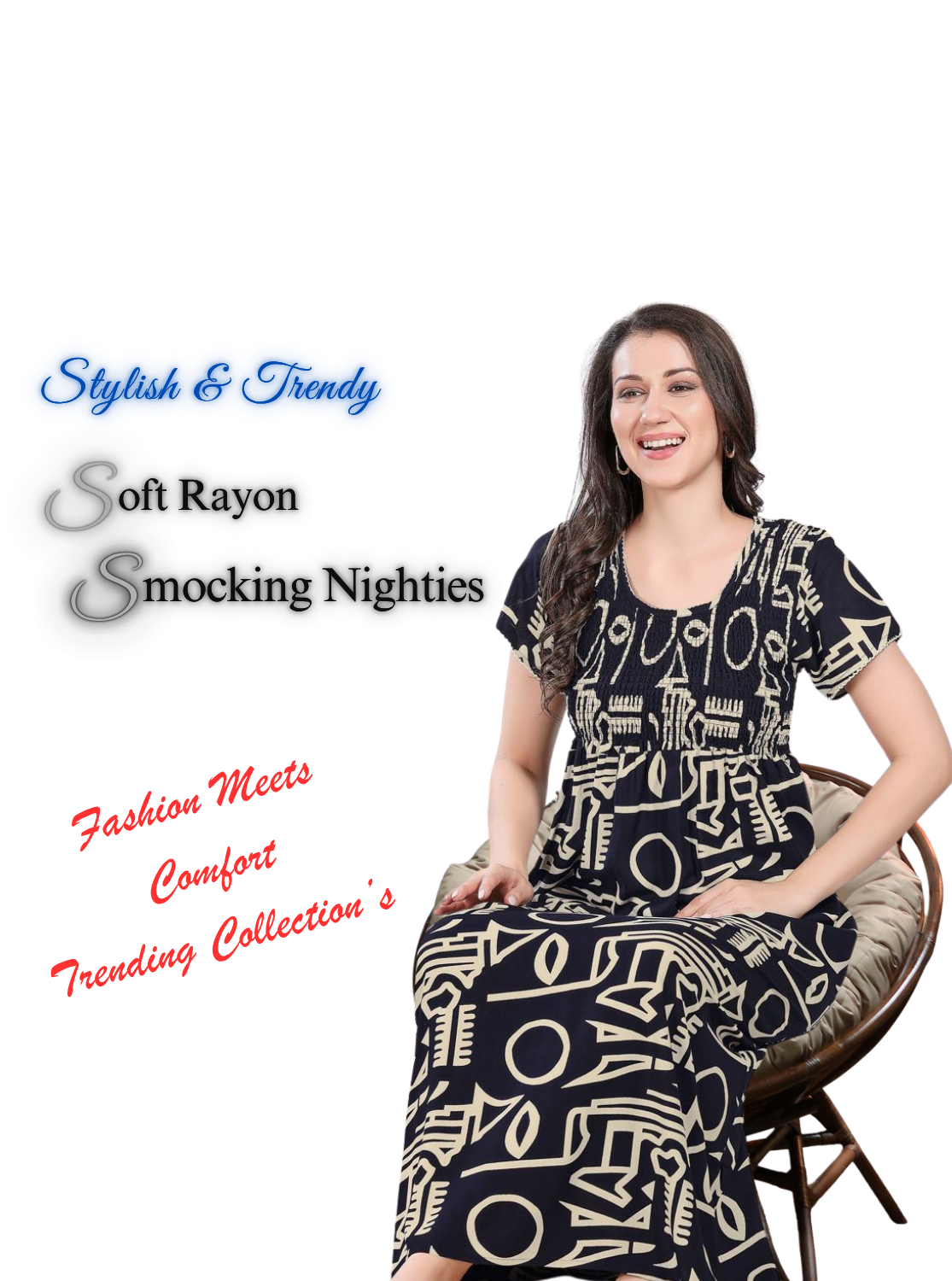 MANGAI Premium RAYON Smocking Nighty | Beautiful Pleated Design | Side Pocket | Stylish Nighty for Trendy Women's | Your Perfect Nightwear Collection's (RYS)