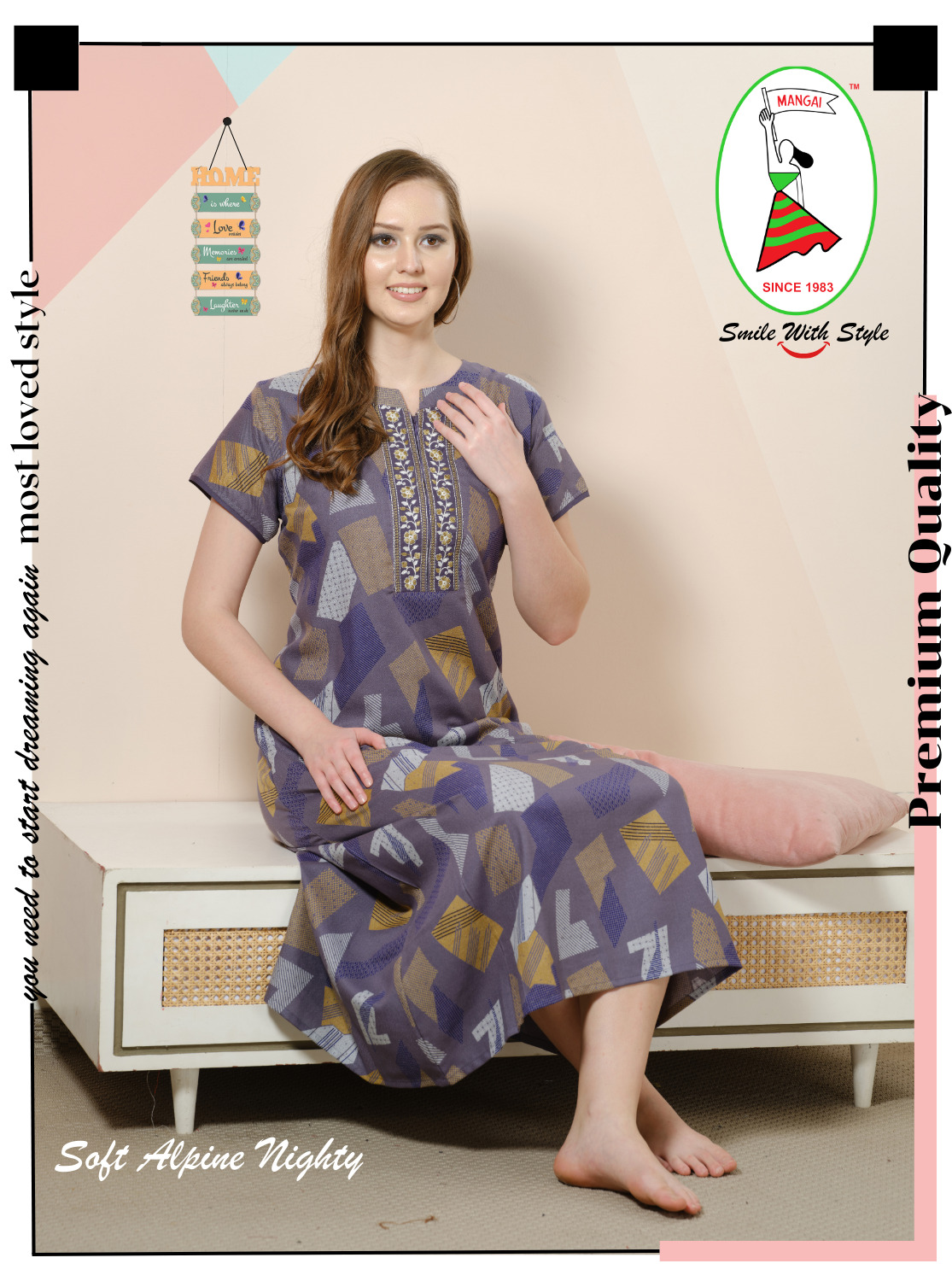 New MANGAI Alpine Embroidery Model Nighties | Full Length | Stylish Printed Model Nighties | Side Pocket | Half Sleeve | Perfect Nightwear Collection's for Trendy Women's