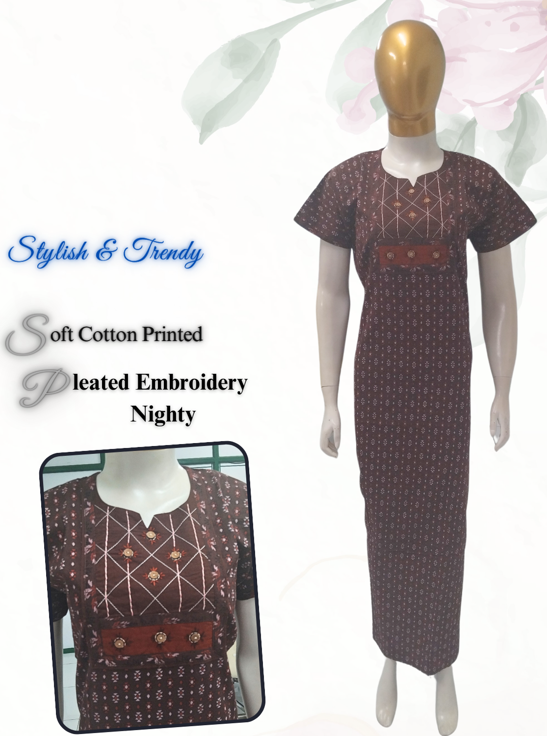 MANGAI New Collection Premium Cotton Embroidery Printed Nighties- All Over Printed Stylish Nightwear for Stylish Women | Trendy Embroidery Neck | Pleated Model (HMS)