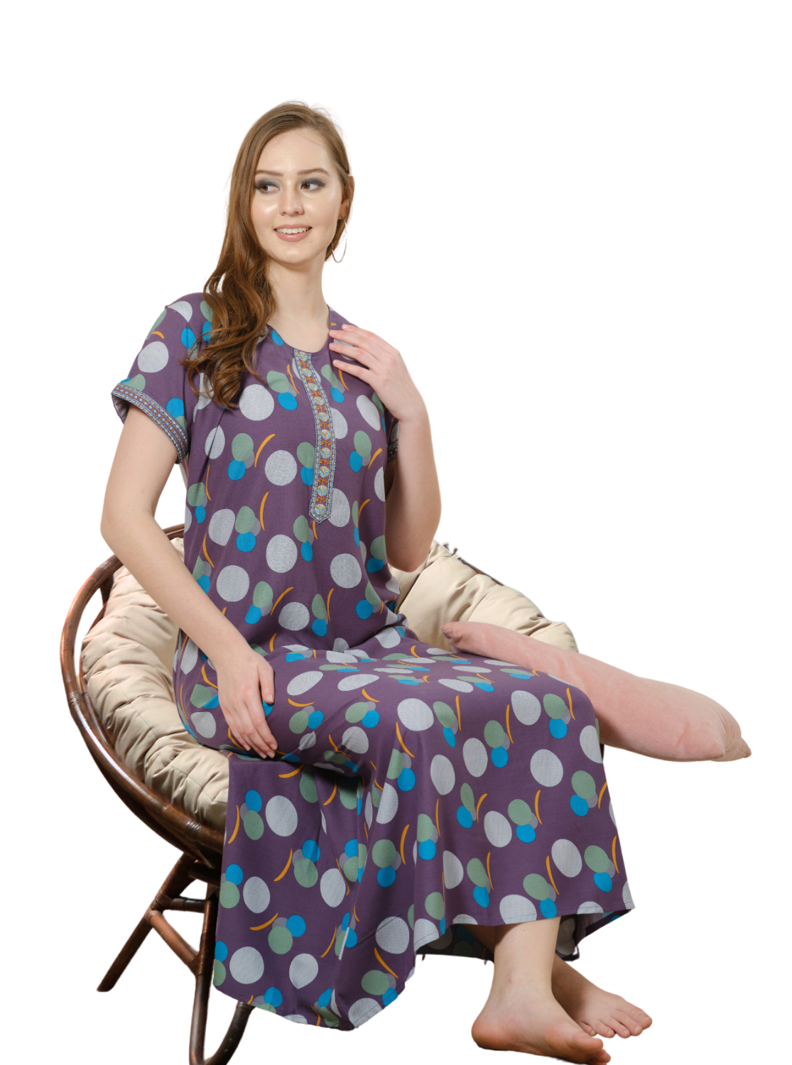 MANGAI Premium Alpine Embroidery Model Nighties | Full Length | Stylish Printed Model Nighties | Side Pocket | Half Sleeve | Perfect Nightwear Collection's for Trendy Women's