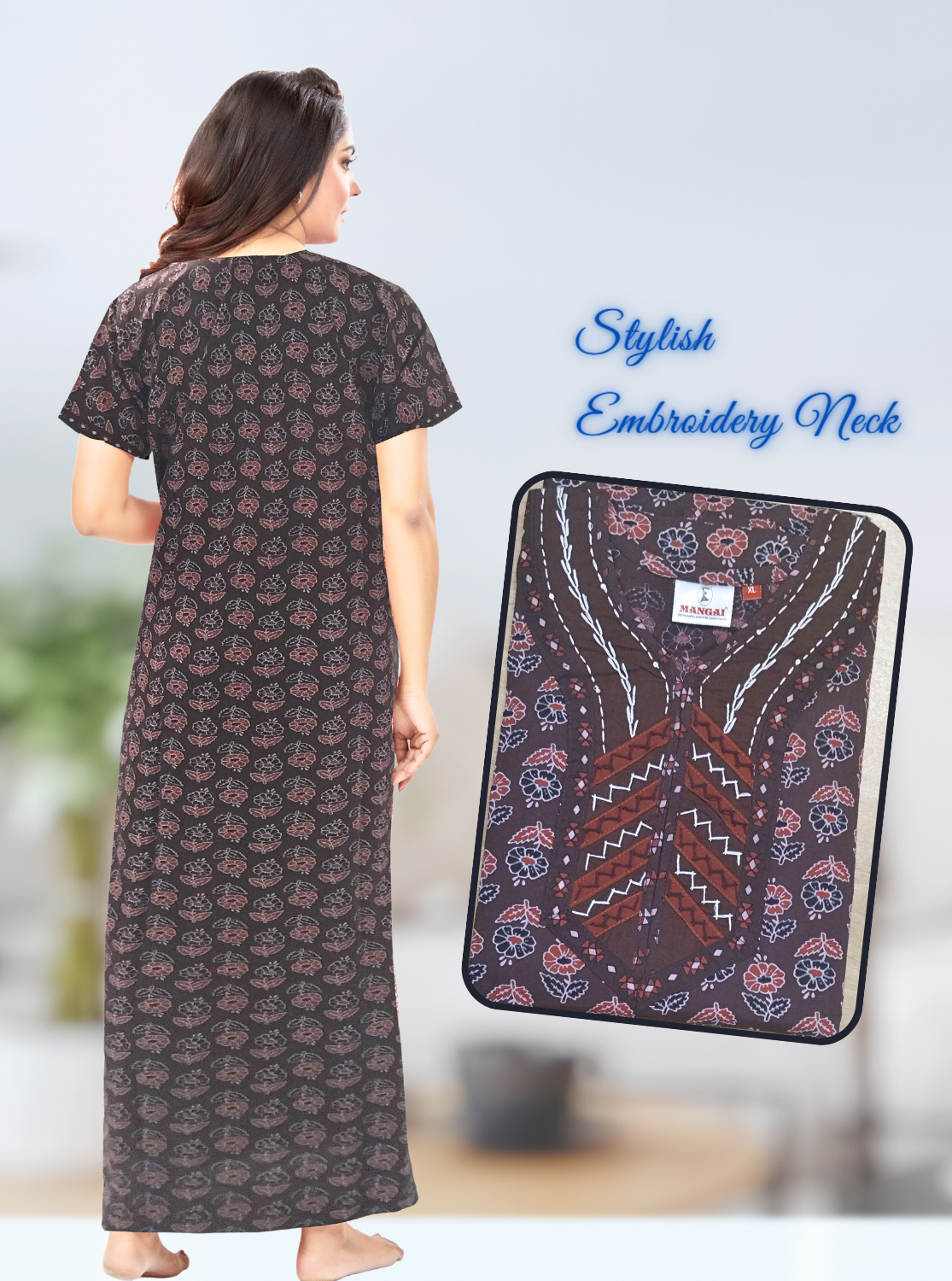 MANGAI New Collection Premium Cotton Embroidery Printed Nighties- All Over Printed Stylish Nightwear for Stylish Women | Trendy Embroidery Neck | Pleated Model (HMS)