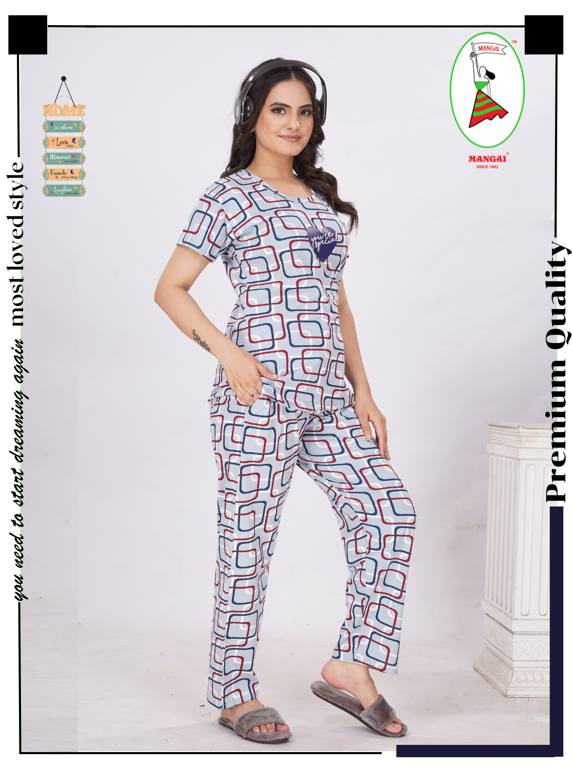 MANGAI Stylish HOSIERY Round Neck Night Suits | Stylish Print's All Over | Top & Bottom Set | Half Sleeve | Trendy Night Suits for Stylish Women's (RNP)