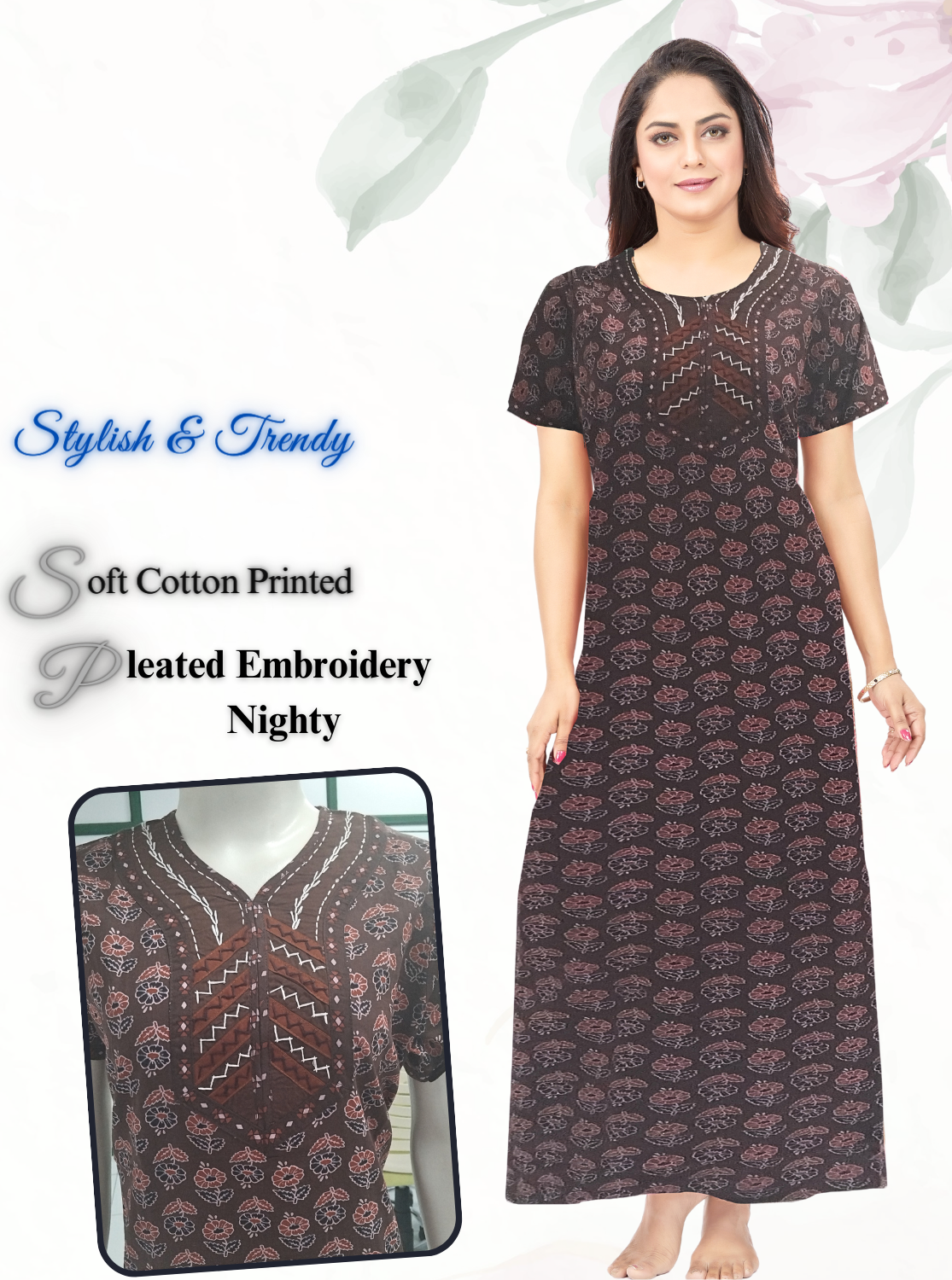 MANGAI New Collection Premium Cotton Embroidery Printed Nighties- All Over Printed Stylish Nightwear for Stylish Women | Trendy Embroidery Neck | Pleated Model (HMS)