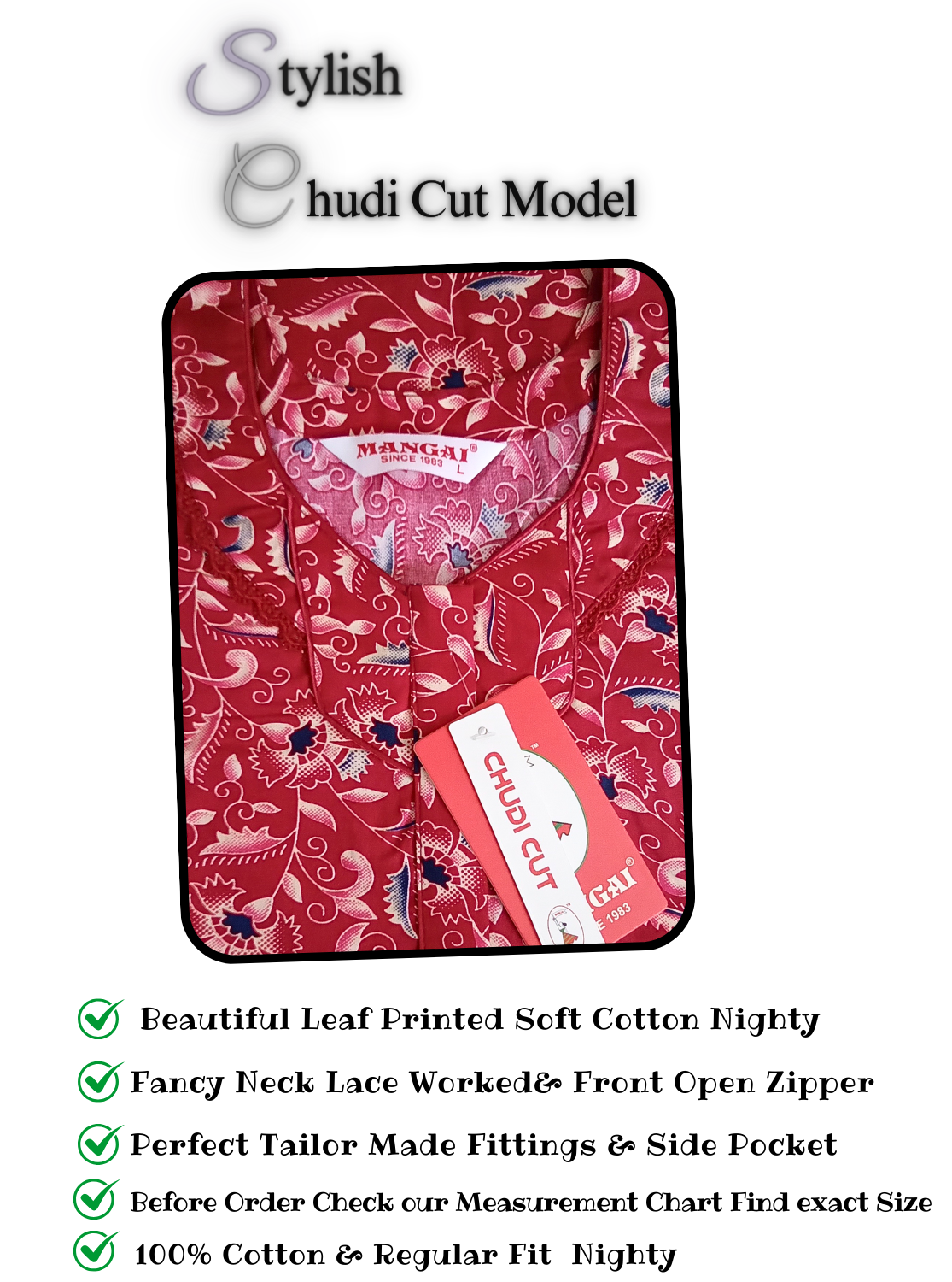 MANGAI Cotton CHUDI CUT Model Nighties - Fancy Neck | With Side Pocket |Shrinkage Free Nighties | Stylish Collection's for Trendy Women's