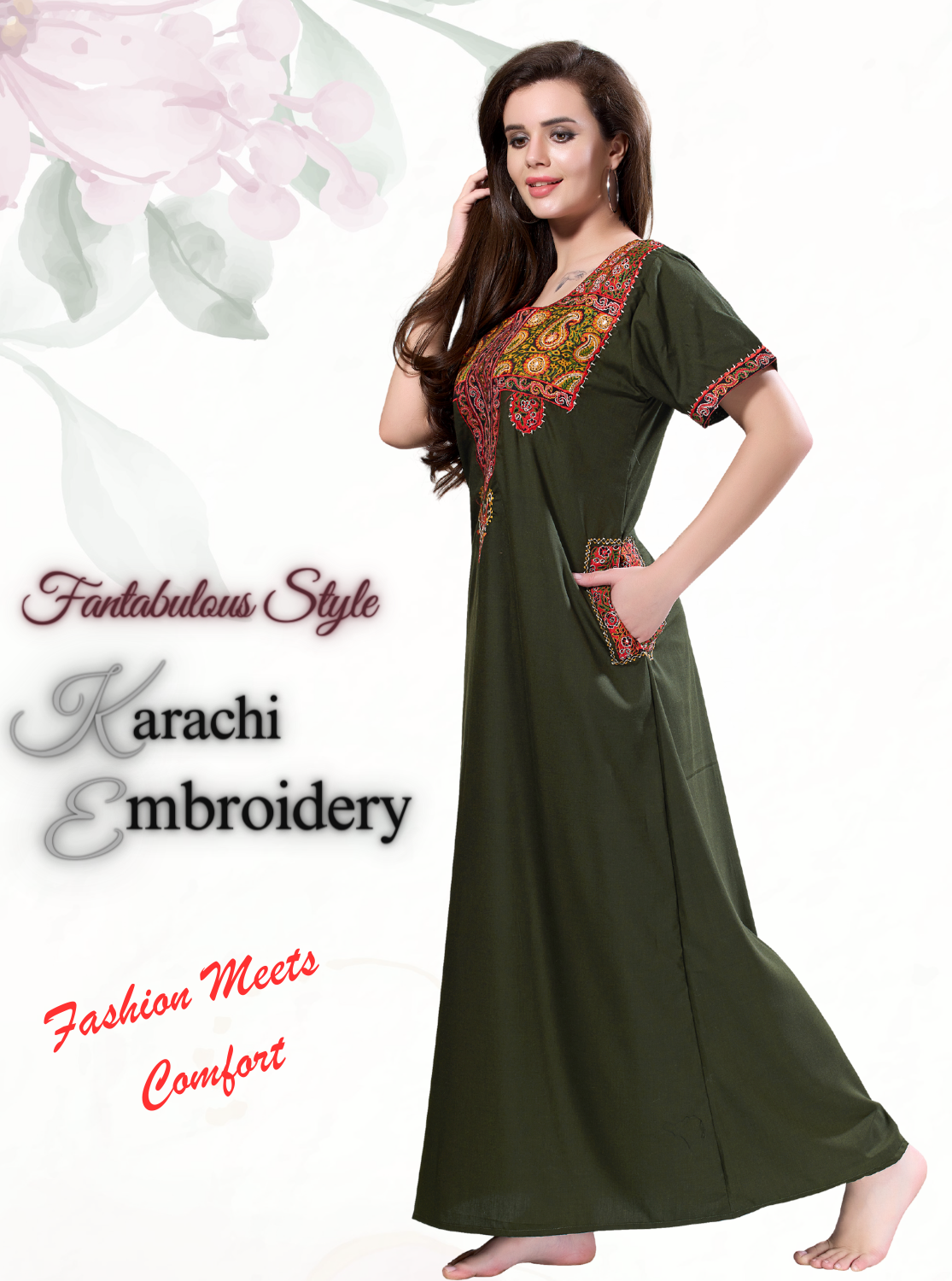 MANGAI Premium KARACHI Embroidery Nighties | Beautiful Embroidery Design's | Branded Quality | Half Sleeve | Regular Model | Stylish Nightdress for Women (KEM)