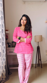 MANGAI Premium Cotton Printed Cambric Night Suits | Stylish Print's All Over | Top & Bottom Set | 3/4 Sleeve | Trendy Night Suits for Stylish Women's (CMNS)