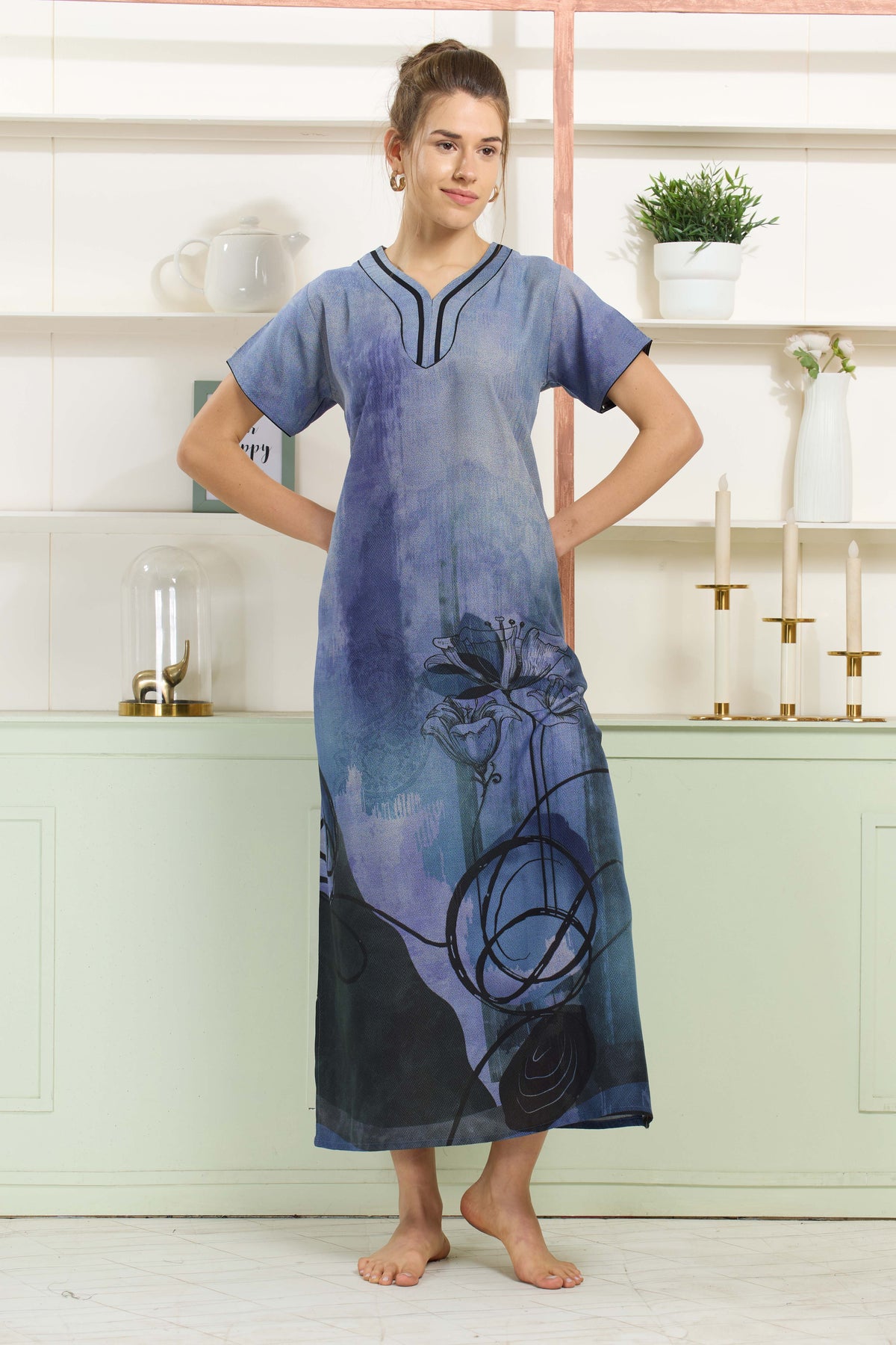 MANGAI Colourful Digital Panel Printed Alpine Fancy Nighty |All Over Print | Half Sleeve | Zipless Model | Side Pocket | Premium Night Wear (AFK)