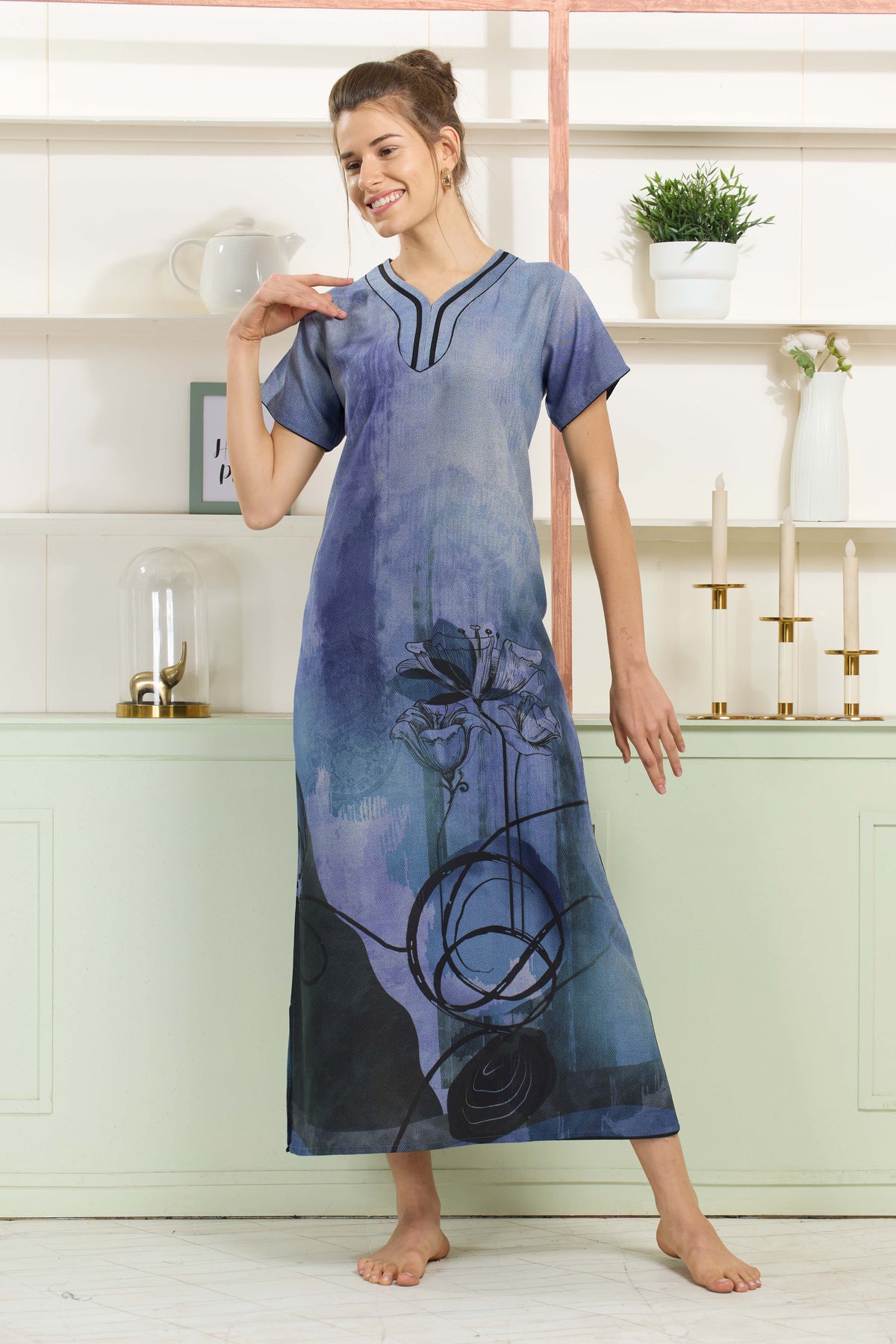 MANGAI Colourful Digital Panel Printed Alpine Fancy Nighty |All Over Print | Half Sleeve | Zipless Model | Side Pocket | Premium Night Wear (AFK)