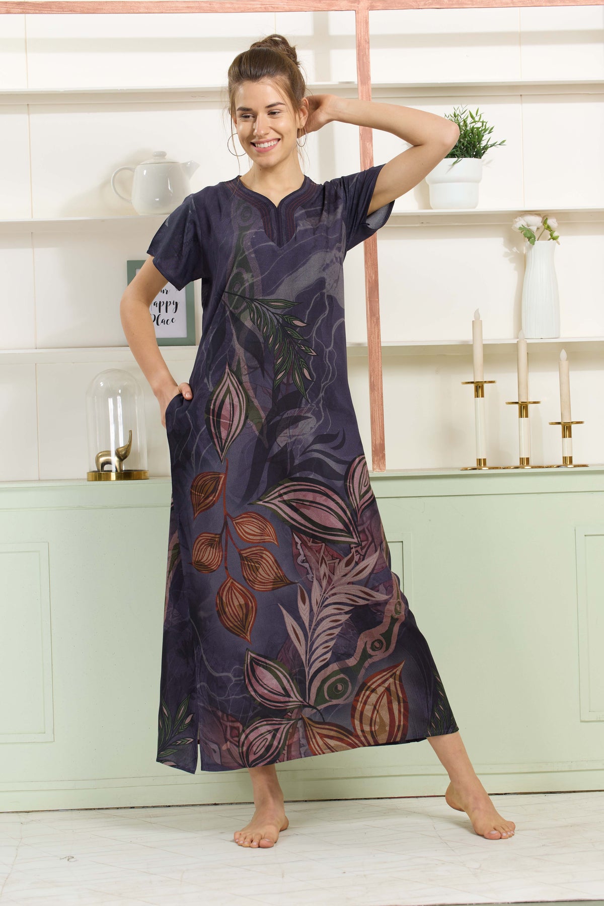 MANGAI Colourful Digital Panel Printed Alpine Fancy Nighty |All Over Print | Half Sleeve | Zipless Model | Side Pocket | Premium Night Wear (AFK)