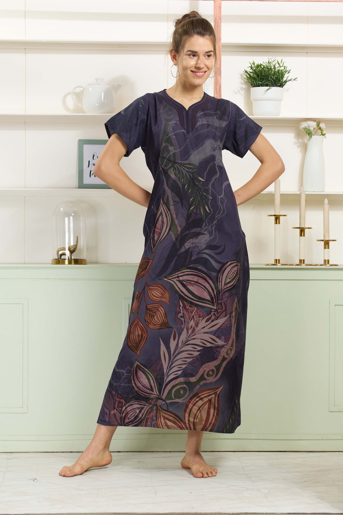 MANGAI Colourful Digital Panel Printed Alpine Fancy Nighty |All Over Print | Half Sleeve | Zipless Model | Side Pocket | Premium Night Wear (AFK)