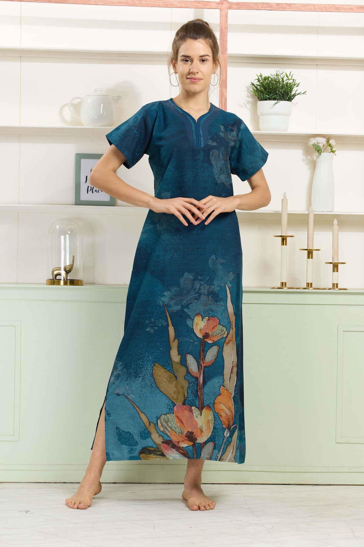 MANGAI Colourful Digital Panel Printed Alpine Fancy Nighty |All Over Print | Half Sleeve | Zipless Model | Side Pocket | Premium Night Wear (AFK)