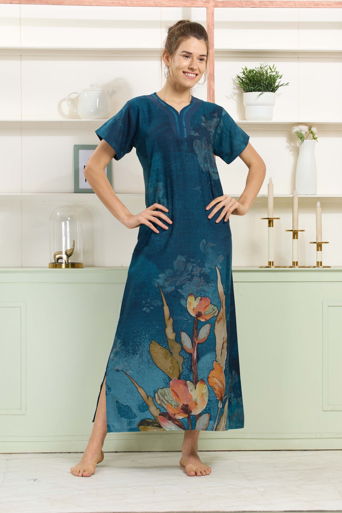 MANGAI Colourful Digital Panel Printed Alpine Fancy Nighty |All Over Print | Half Sleeve | Zipless Model | Side Pocket | Premium Night Wear (AFK)