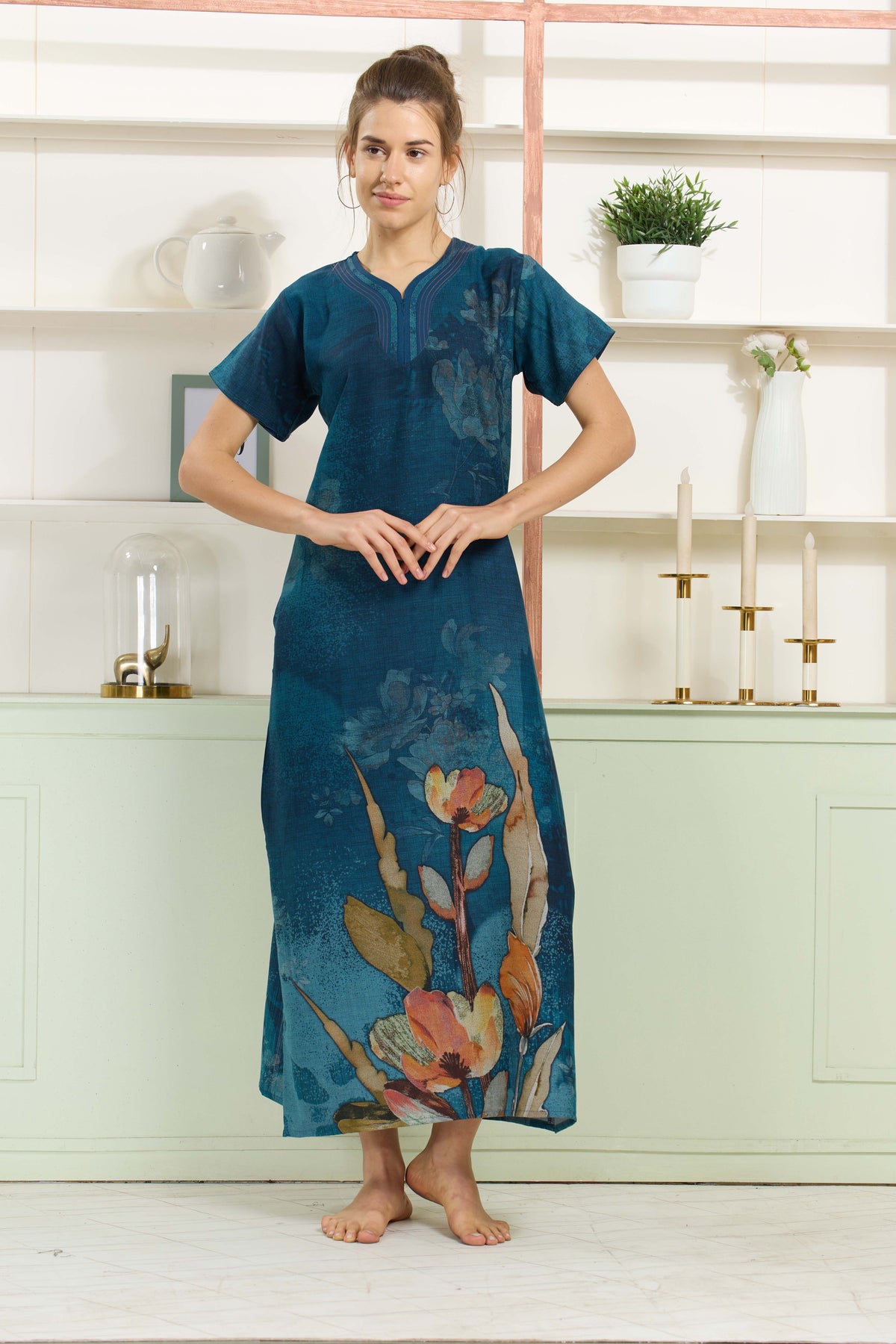 MANGAI Colourful Digital Panel Printed Alpine Fancy Nighty |All Over Print | Half Sleeve | Zipless Model | Side Pocket | Premium Night Wear (AFK)