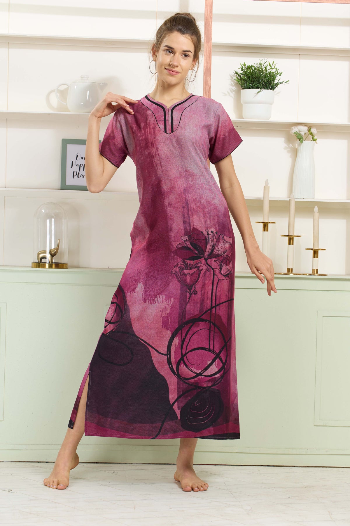 MANGAI Colourful Digital Panel Printed Alpine Fancy Nighty |All Over Print | Half Sleeve | Zipless Model | Side Pocket | Premium Night Wear (AFK)