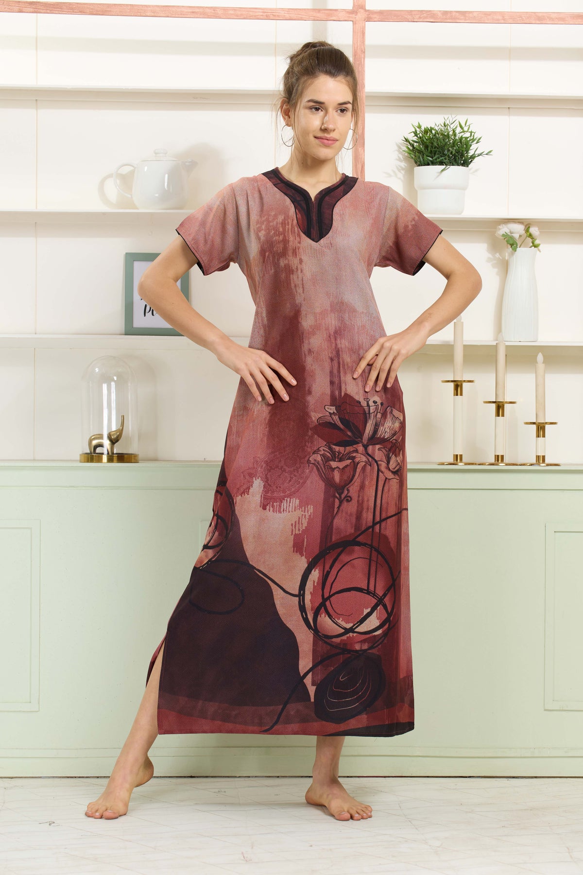 MANGAI Colourful Digital Panel Printed Alpine Fancy Nighty |All Over Print | Half Sleeve | Zipless Model | Side Pocket | Premium Night Wear (AFK)