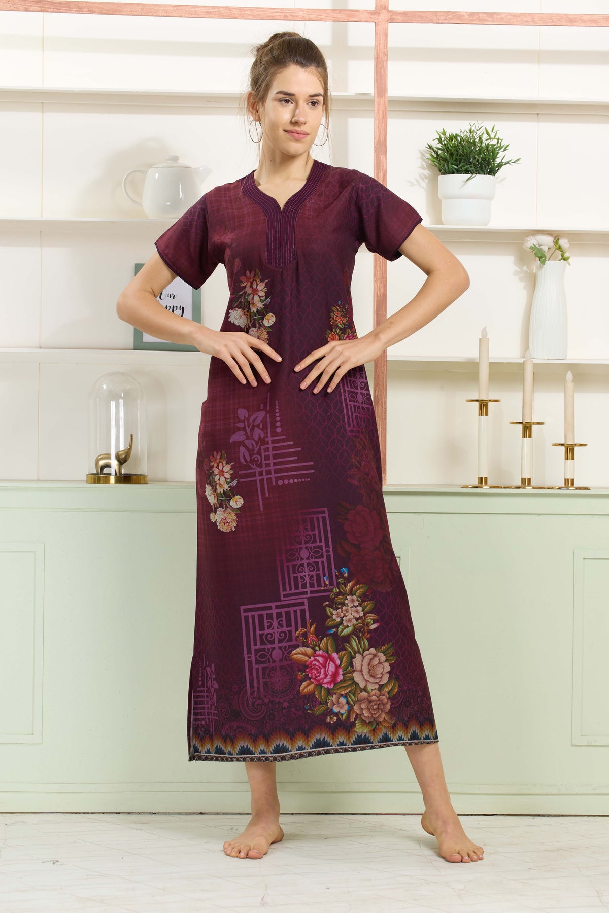 MANGAI Colourful Digital Panel Printed Alpine Fancy Nighty |All Over Print | Half Sleeve | Zipless Model | Side Pocket | Premium Night Wear (AFK)