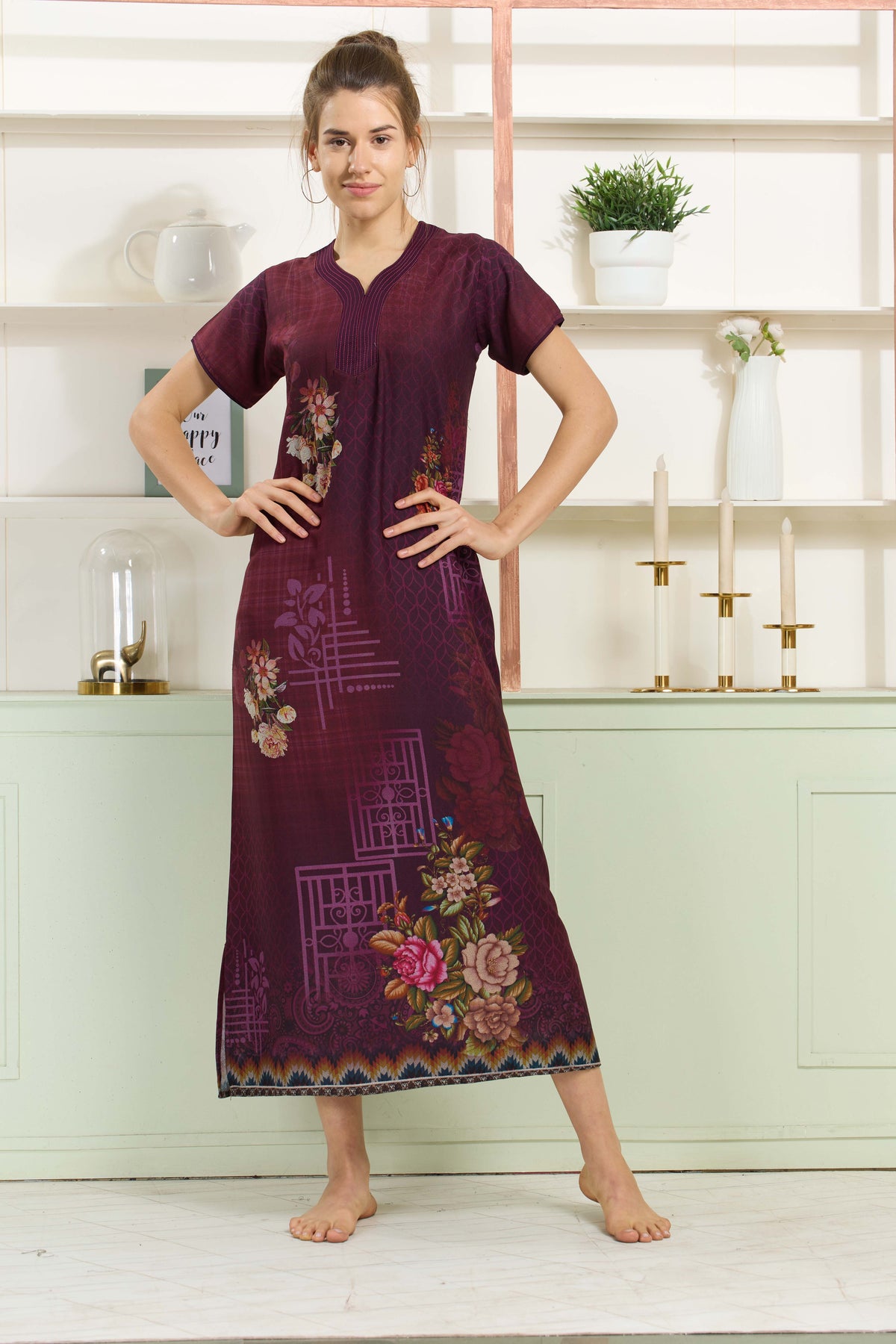 MANGAI Colourful Digital Panel Printed Alpine Fancy Nighty |All Over Print | Half Sleeve | Zipless Model | Side Pocket | Premium Night Wear (AFK)