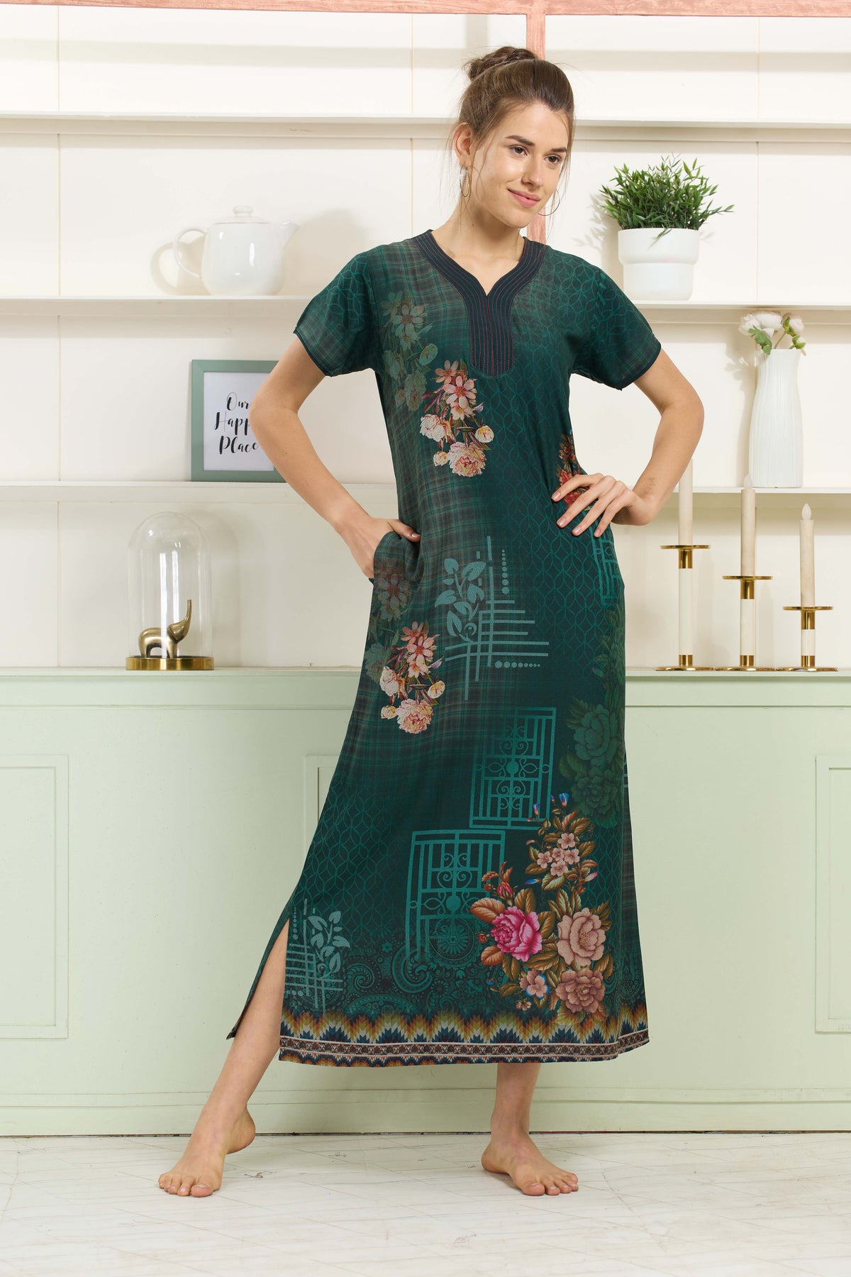 MANGAI Colourful Digital Panel Printed Alpine Fancy Nighty |All Over Print | Half Sleeve | Zipless Model | Side Pocket | Premium Night Wear (AFK)