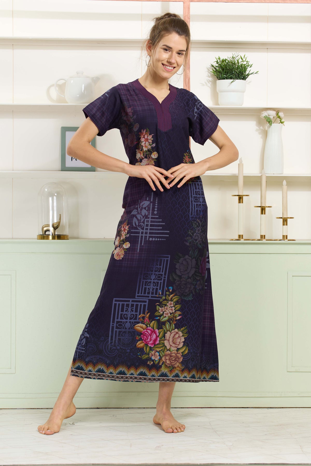 MANGAI Colourful Digital Panel Printed Alpine Fancy Nighty |All Over Print | Half Sleeve | Zipless Model | Side Pocket | Premium Night Wear (AFK)