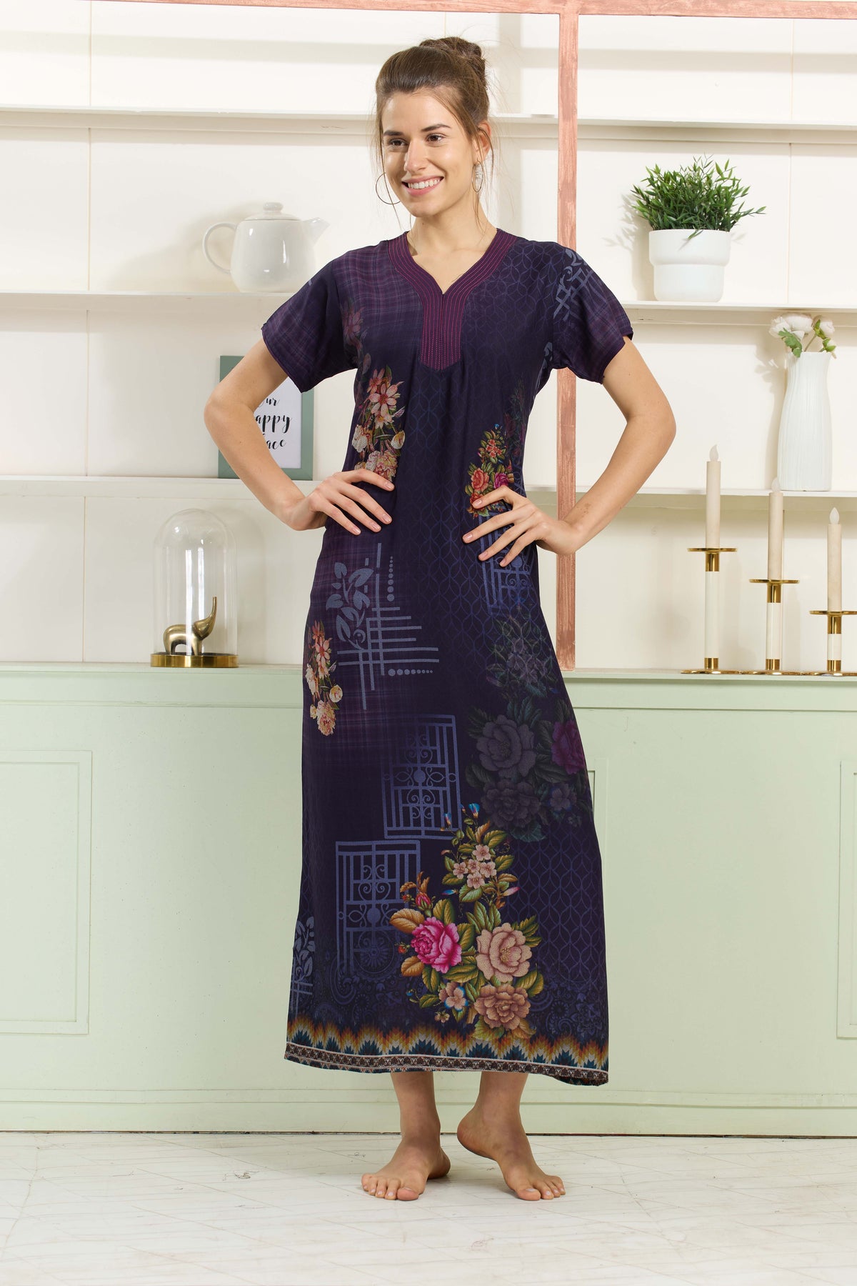 MANGAI Colourful Digital Panel Printed Alpine Fancy Nighty |All Over Print | Half Sleeve | Zipless Model | Side Pocket | Premium Night Wear (AFK)