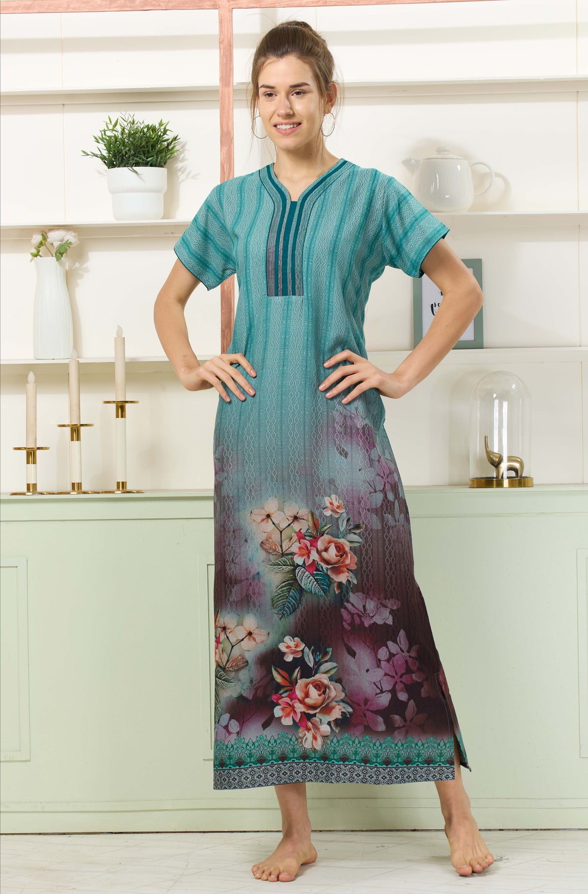 MANGAI Colourful Digital Panel Printed Alpine Fancy Nighty |All Over Print | Half Sleeve | Zipless Model | Side Pocket | Premium Night Wear (AFK)