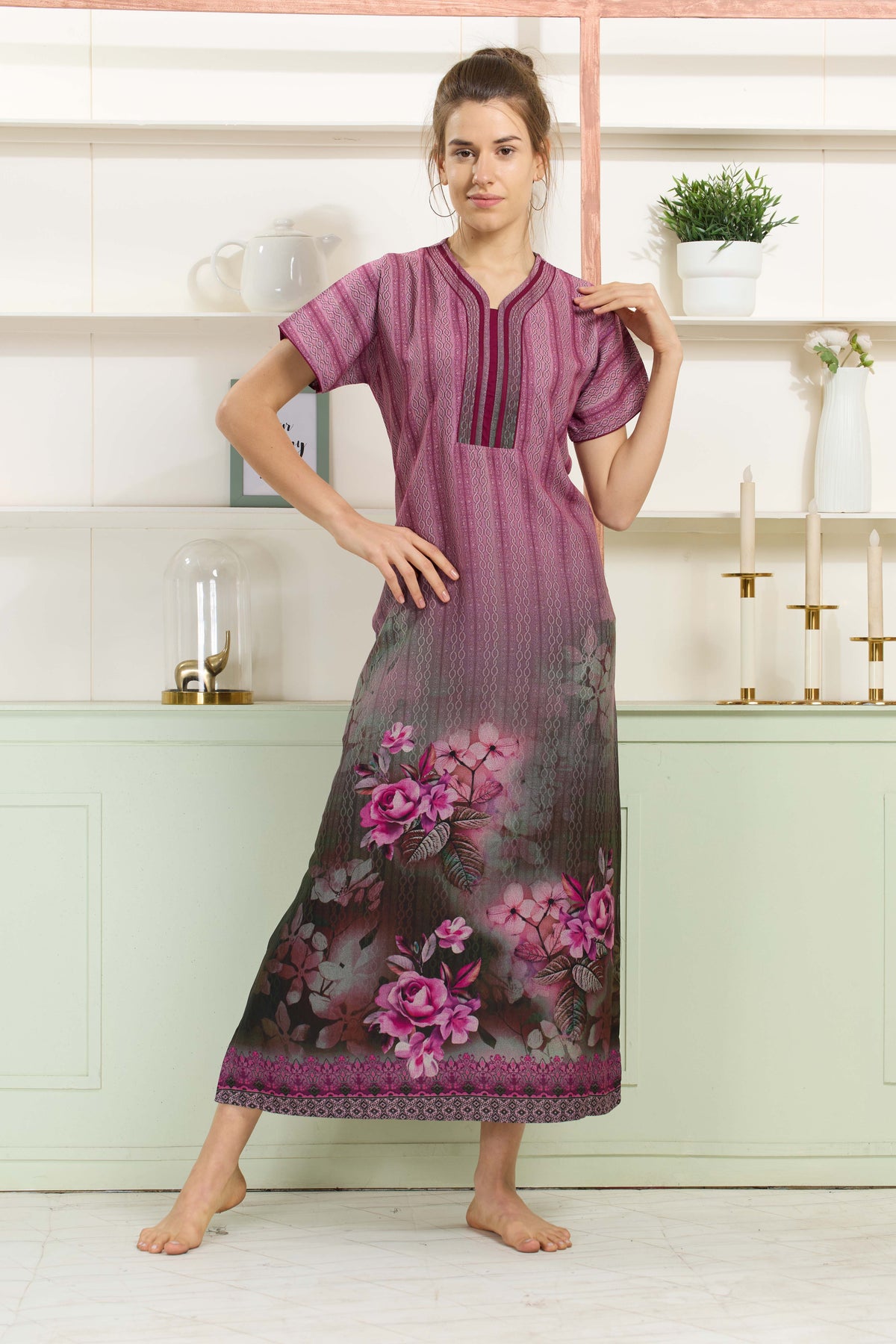 MANGAI Colourful Digital Panel Printed Alpine Fancy Nighty |All Over Print | Half Sleeve | Zipless Model | Side Pocket | Premium Night Wear (AFK)