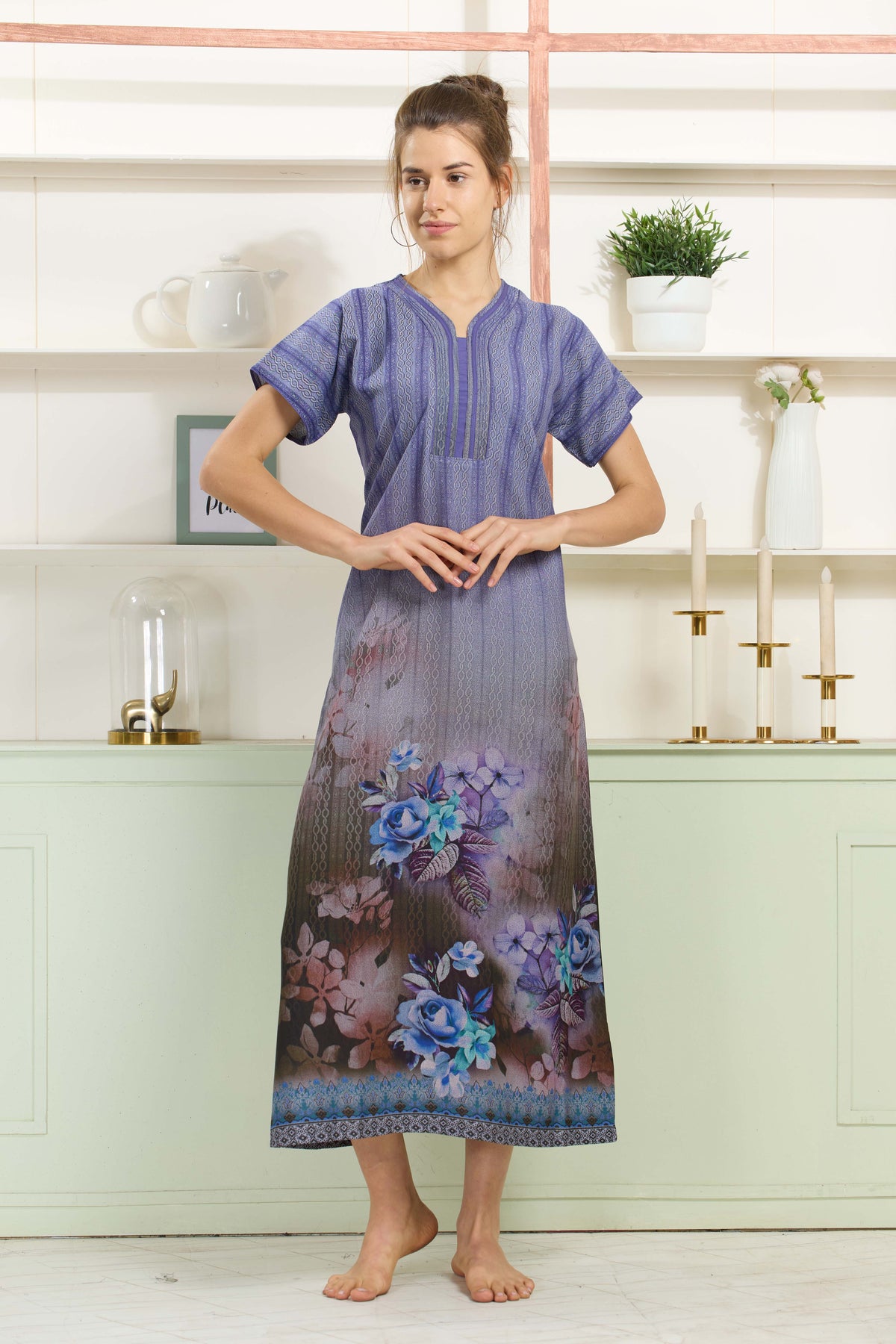 MANGAI Colourful Digital Panel Printed Alpine Fancy Nighty |All Over Print | Half Sleeve | Zipless Model | Side Pocket | Premium Night Wear (AFK)