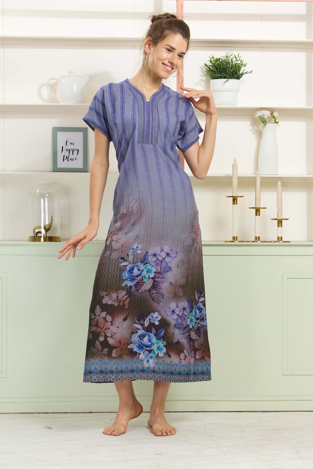 MANGAI Colourful Digital Panel Printed Alpine Fancy Nighty |All Over Print | Half Sleeve | Zipless Model | Side Pocket | Premium Night Wear (AFK)