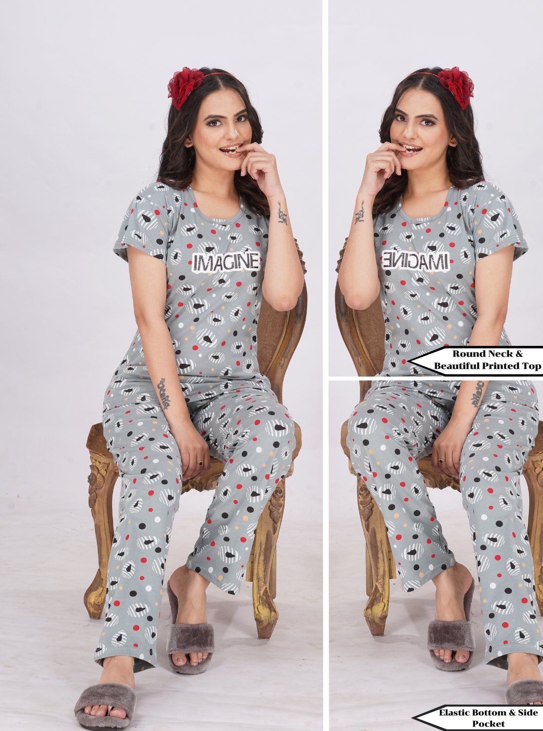 MANGAI Stylish HOSIERY Round Neck Night Suits | Stylish Print's All Over | Top & Bottom Set | Half Sleeve | Trendy Night Suits for Stylish Women's (RNP)