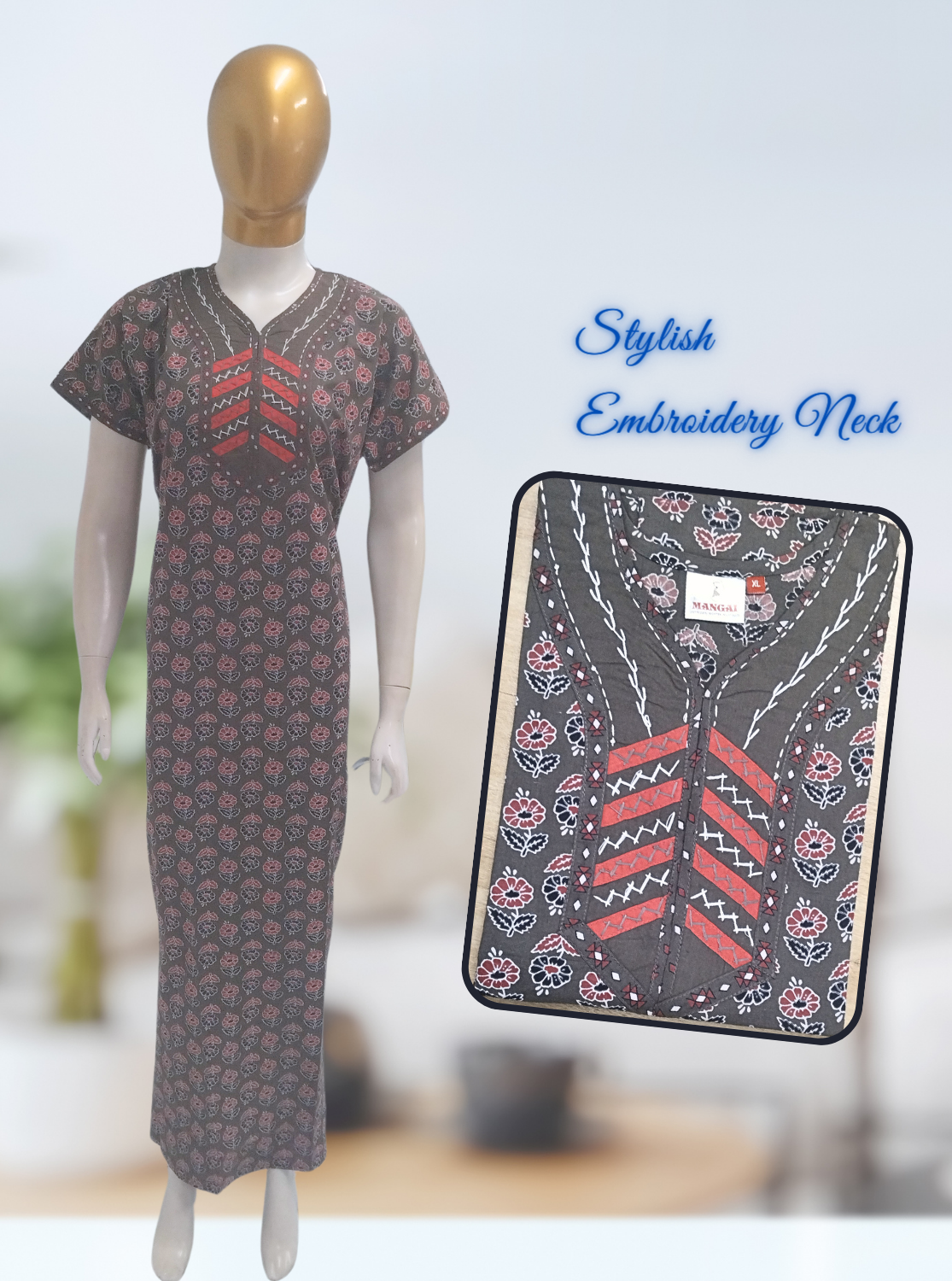 MANGAI New Collection Premium Cotton Embroidery Printed Nighties- All Over Printed Stylish Nightwear for Stylish Women | Trendy Embroidery Neck | Pleated Model (HMS)