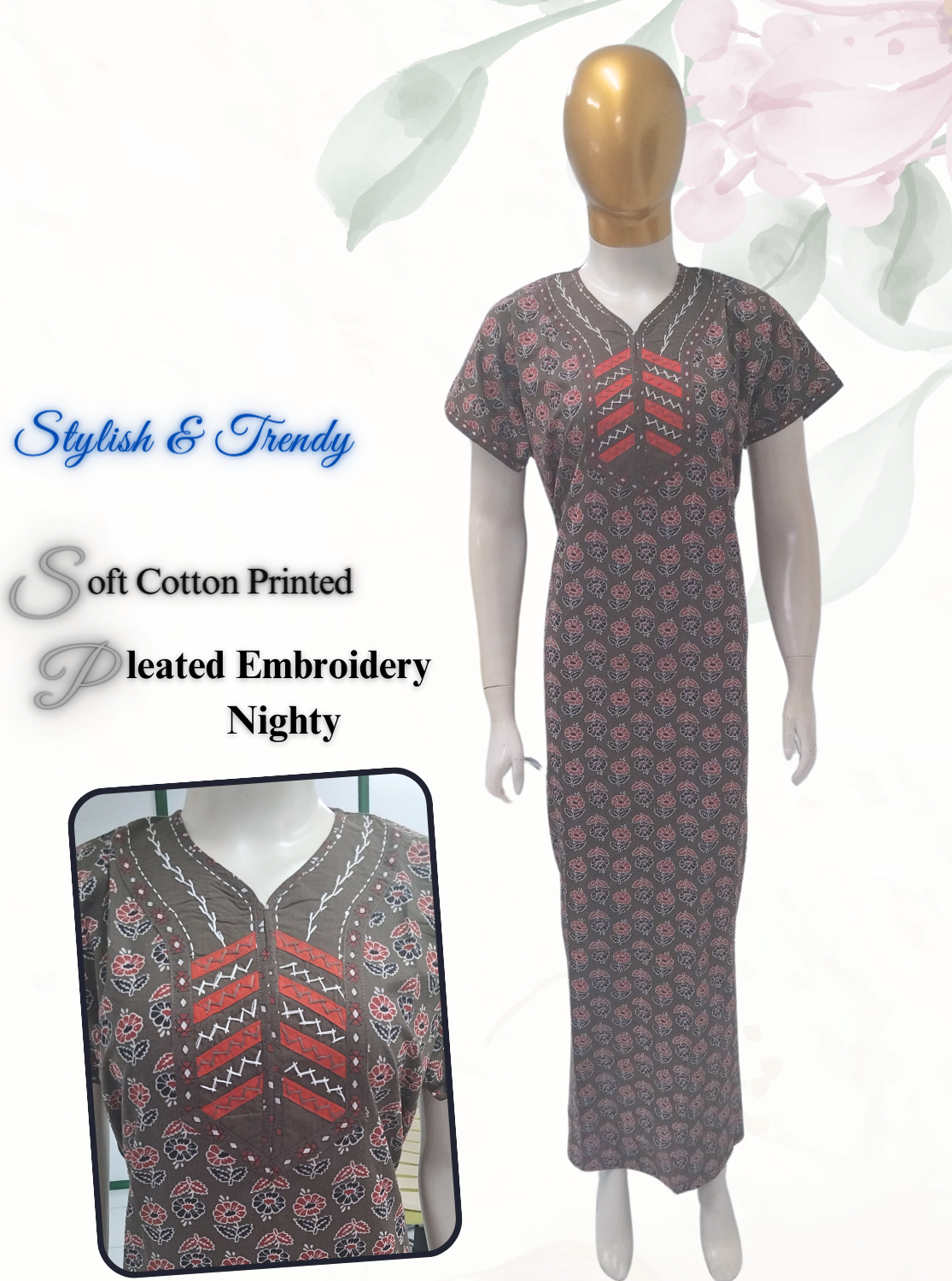 MANGAI New Collection Premium Cotton Embroidery Printed Nighties- All Over Printed Stylish Nightwear for Stylish Women | Trendy Embroidery Neck | Pleated Model (HMS)