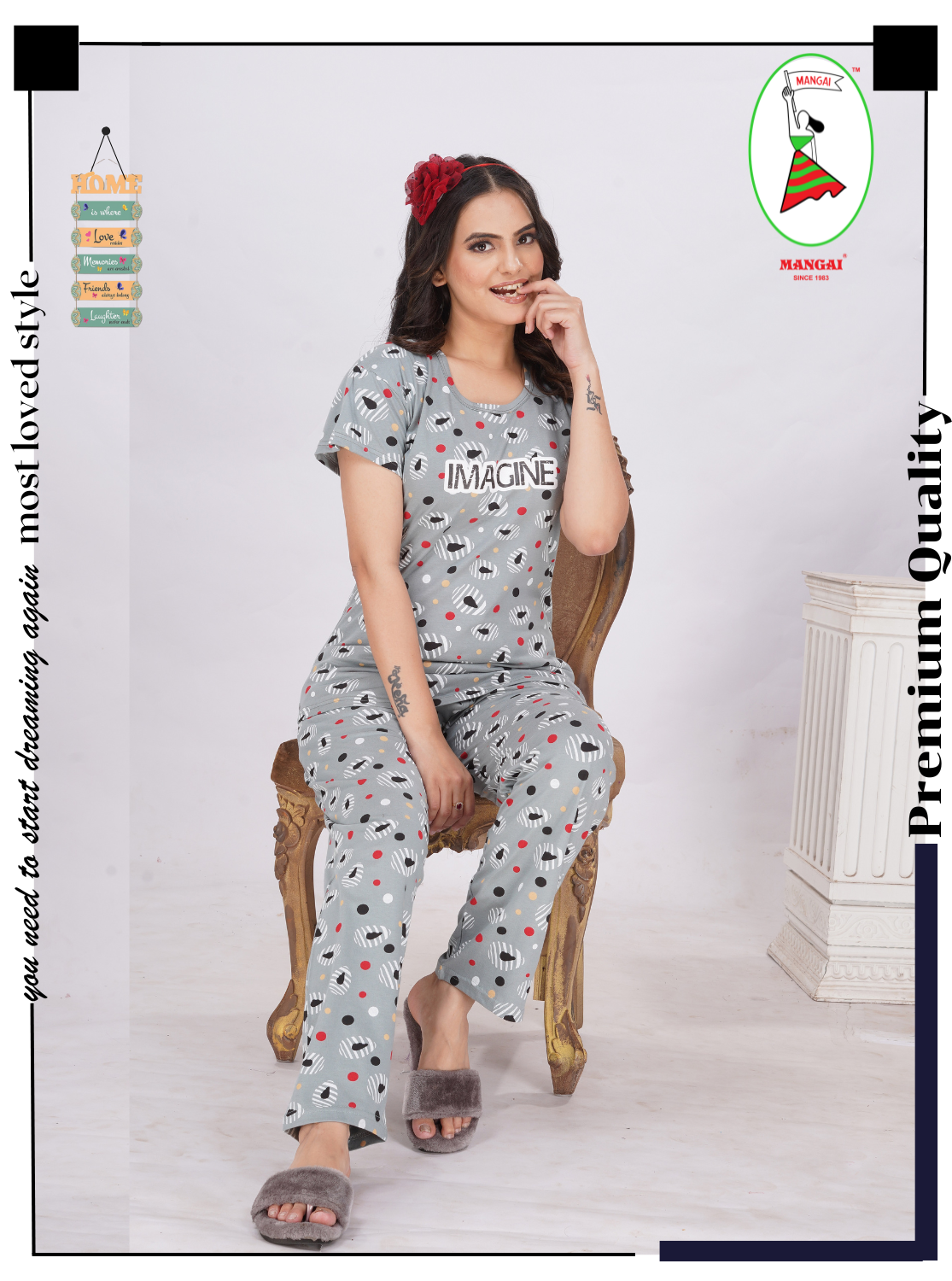 MANGAI Stylish HOSIERY Round Neck Night Suits | Stylish Print's All Over | Top & Bottom Set | Half Sleeve | Trendy Night Suits for Stylish Women's (RNP)