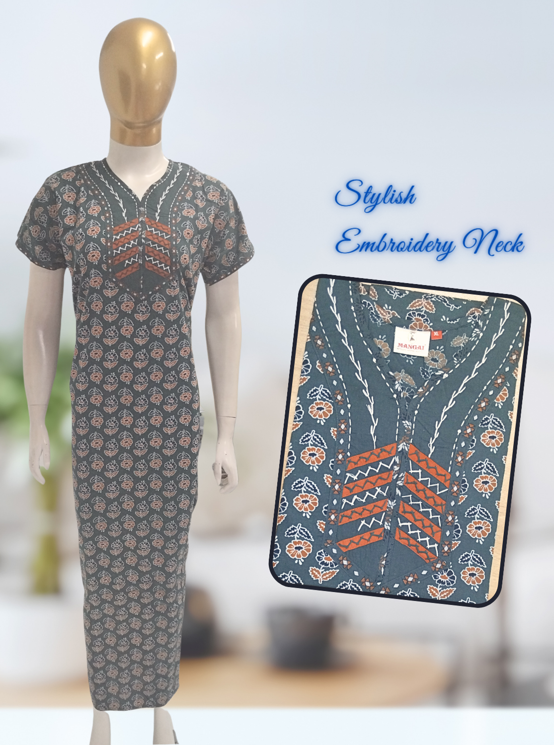 MANGAI New Collection Premium Cotton Embroidery Printed Nighties- All Over Printed Stylish Nightwear for Stylish Women | Trendy Embroidery Neck | Pleated Model (HMS)