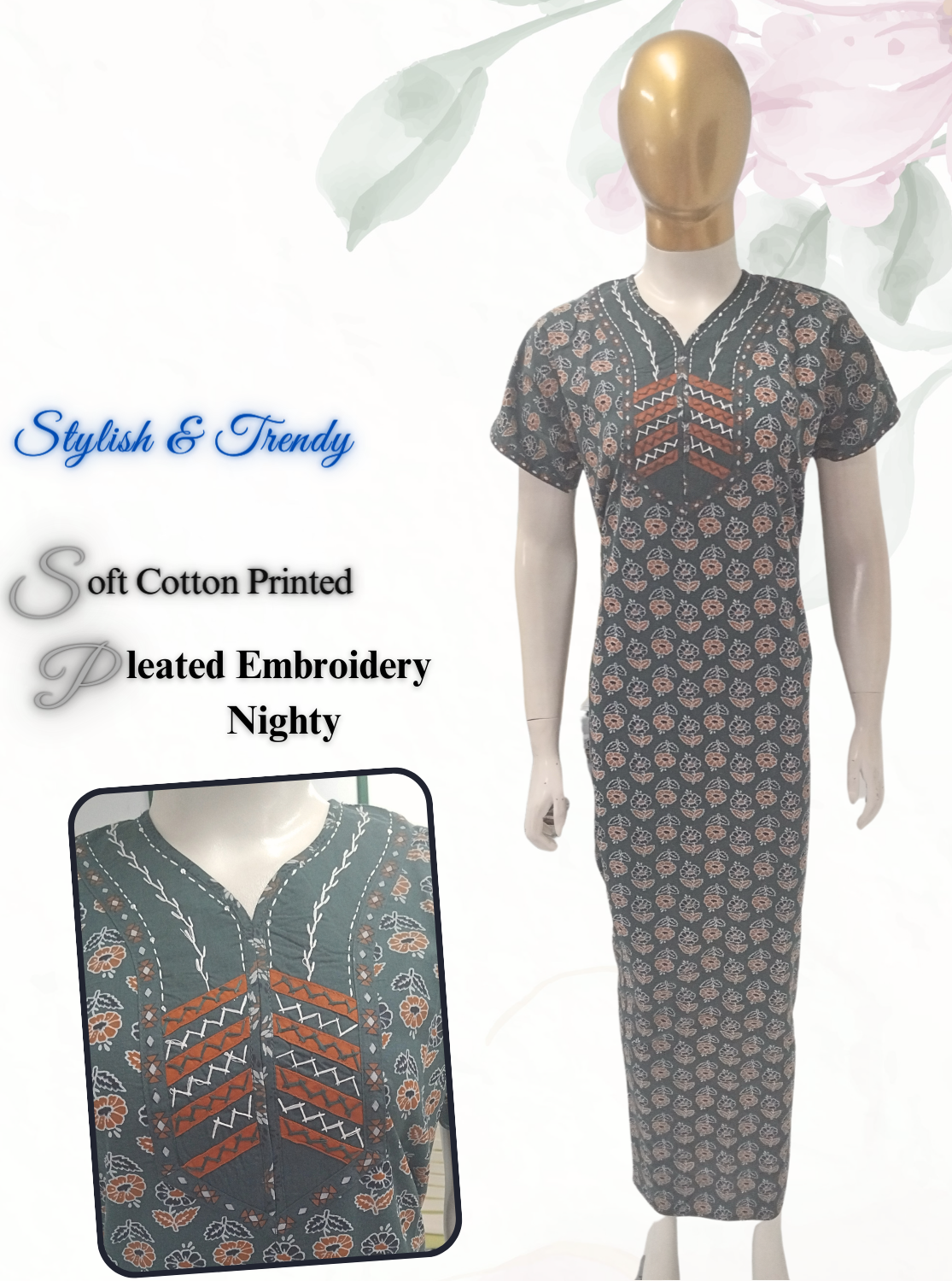 MANGAI New Collection Premium Cotton Embroidery Printed Nighties- All Over Printed Stylish Nightwear for Stylish Women | Trendy Embroidery Neck | Pleated Model (HMS)